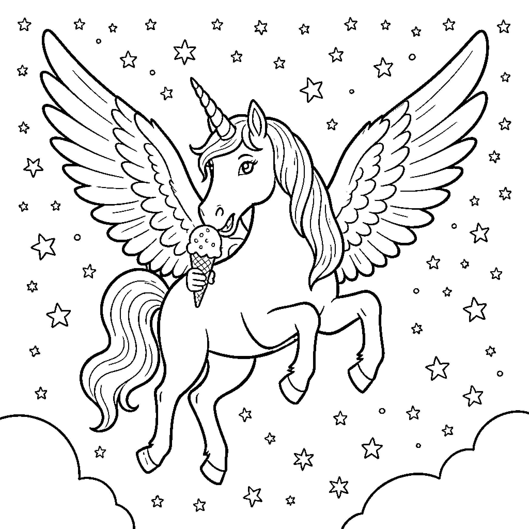 Unicorn flying among stars while eating ice cream Coloring Page (free black-and-white line drawing printable PDF for all, from beginners to advanced learners, including children, teens, adults, and seniors)