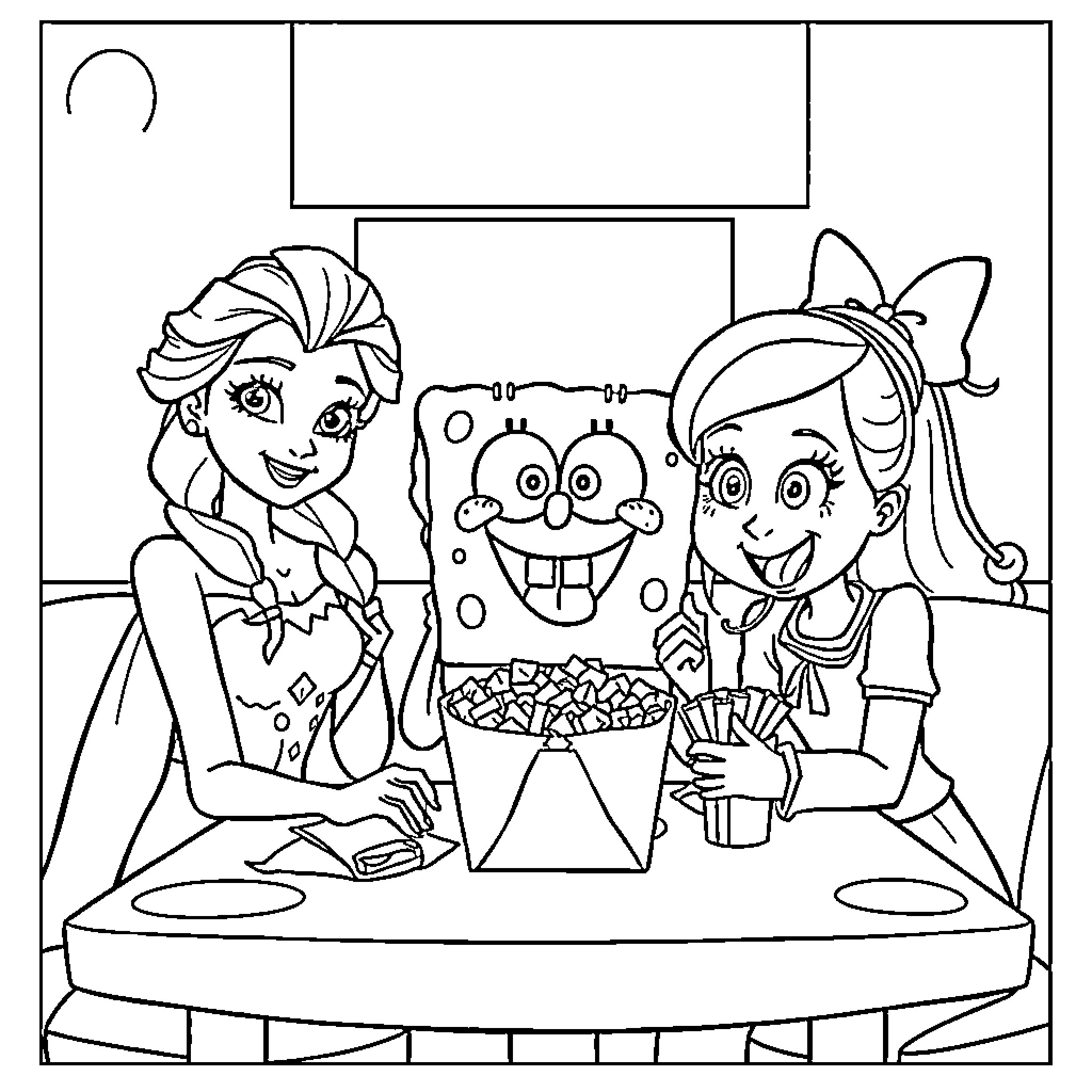 Elsa and friends enjoying a snack together Coloring Page (free black-and-white line drawing printable PDF for all, from beginners to advanced learners, including children, teens, adults, and seniors)