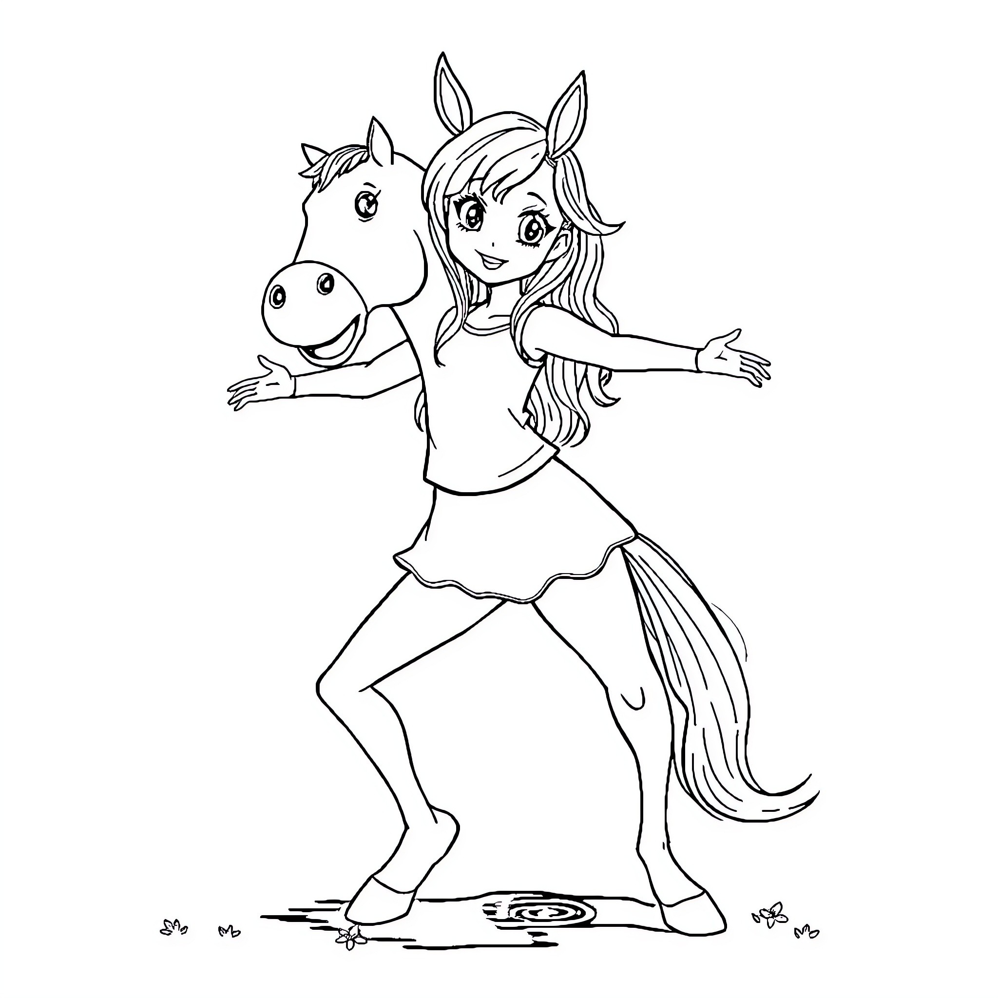 Girl playing joyfully with her horse friend Coloring Page (free black-and-white line drawing printable PDF for all, from beginners to advanced learners, including children, teens, adults, and seniors)