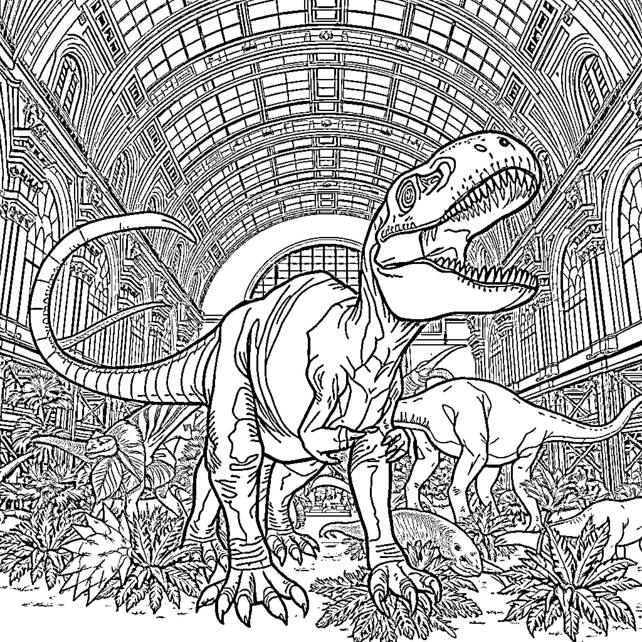 Dinosaur Exhibit in Architectural Museum Coloring Page (free black-and-white line drawing printable PDF for all, from beginners to advanced learners, including children, teens, adults, and seniors)