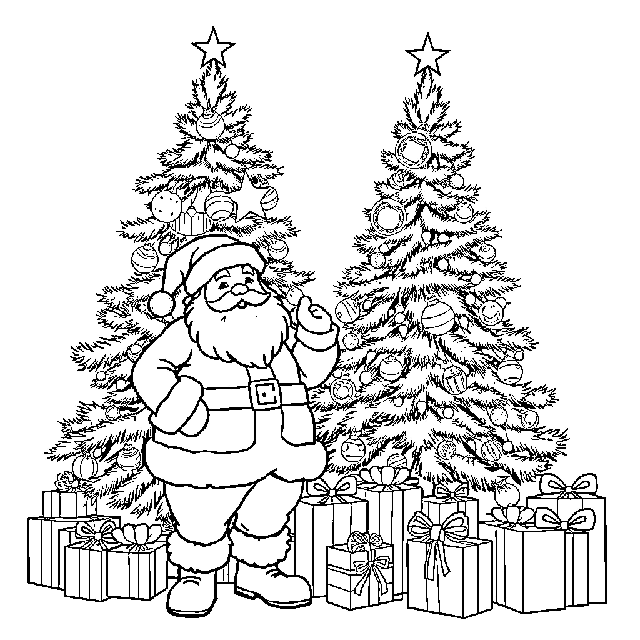 Santa's Joyful Christmas Celebration Coloring Page (free black-and-white line drawing printable PDF for all, from beginners to advanced learners, including children, teens, adults, and seniors)