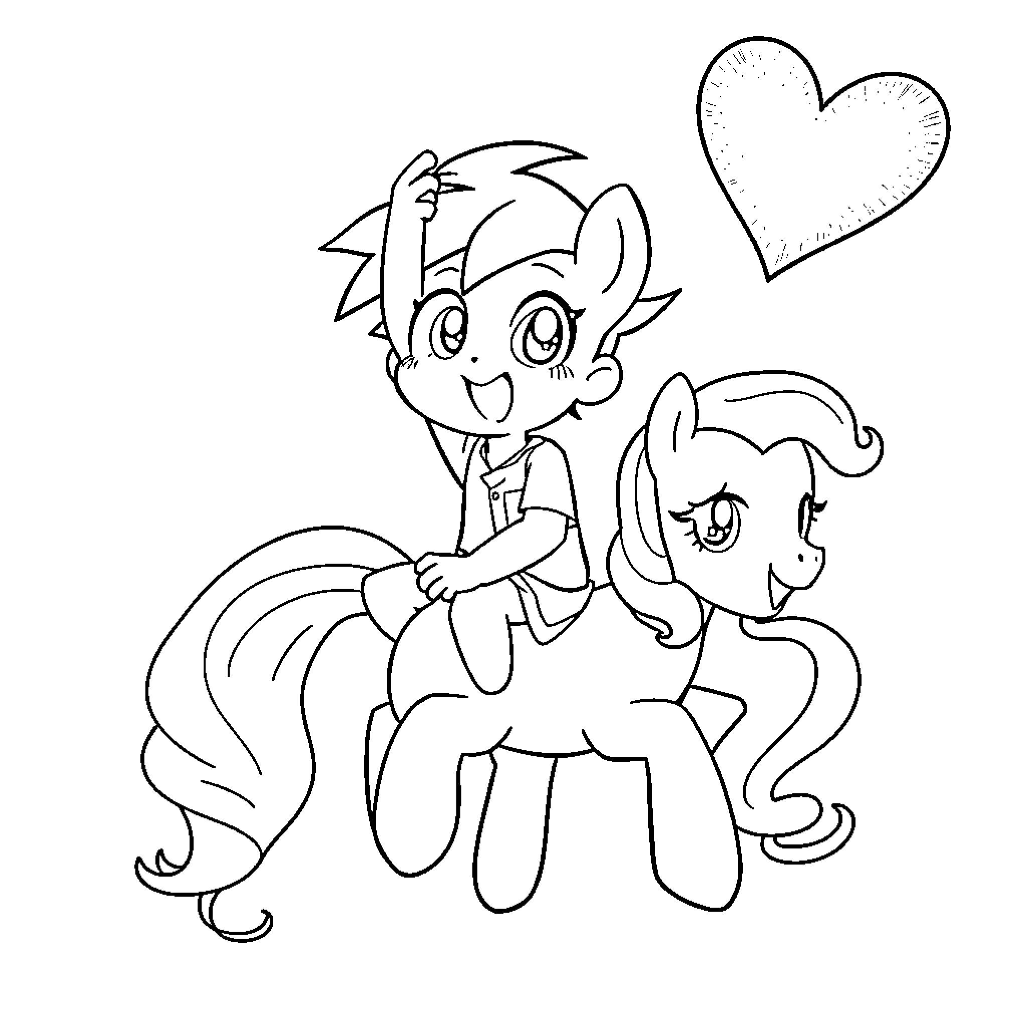Izuku Midoriya and Fluttershy playing together happily Coloring Page (free black-and-white line drawing printable PDF for all, from beginners to advanced learners, including children, teens, adults, and seniors)