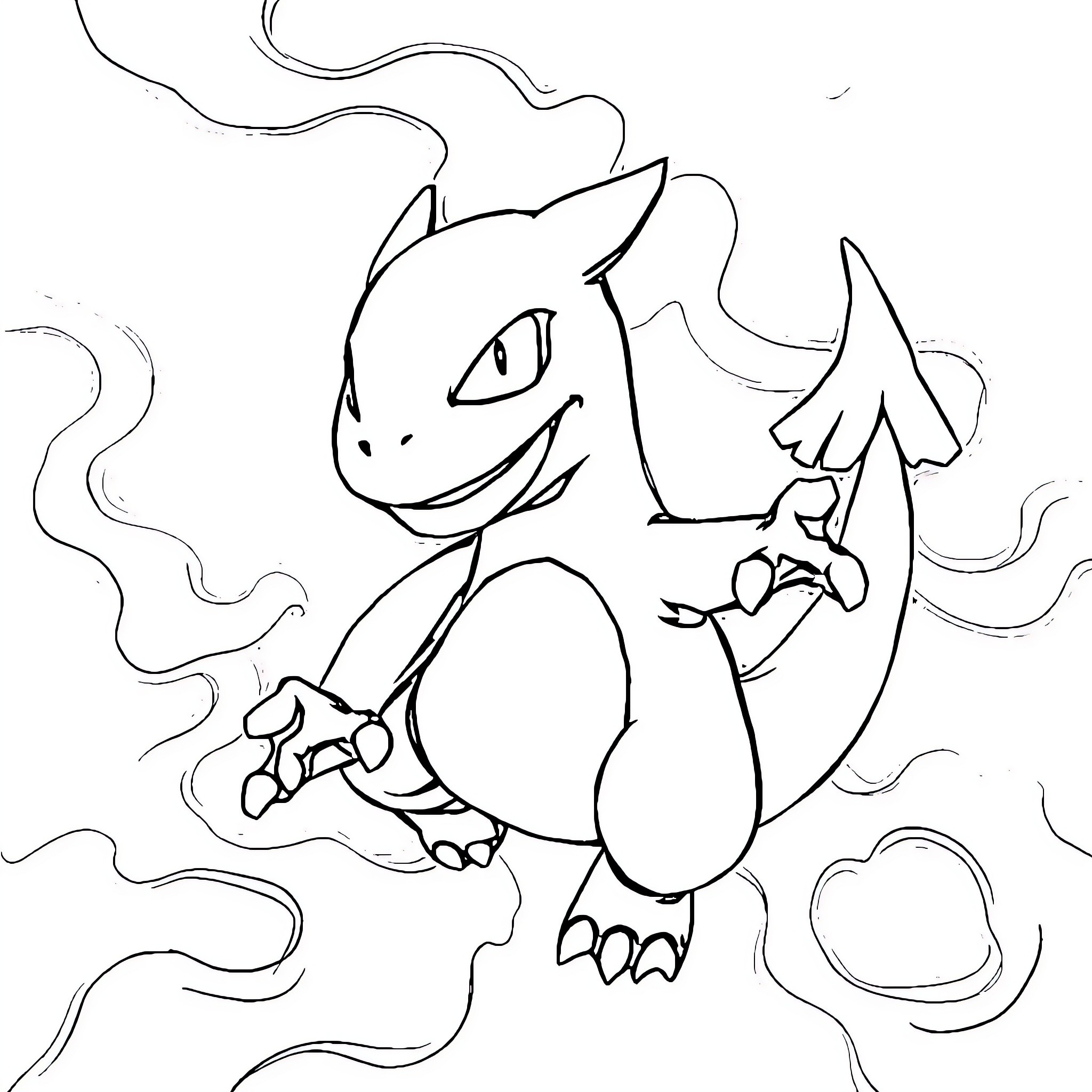 Charmander Unleashing Fiery Flames Coloring Page (free black-and-white line drawing printable PDF for all, from beginners to advanced learners, including children, teens, adults, and seniors)