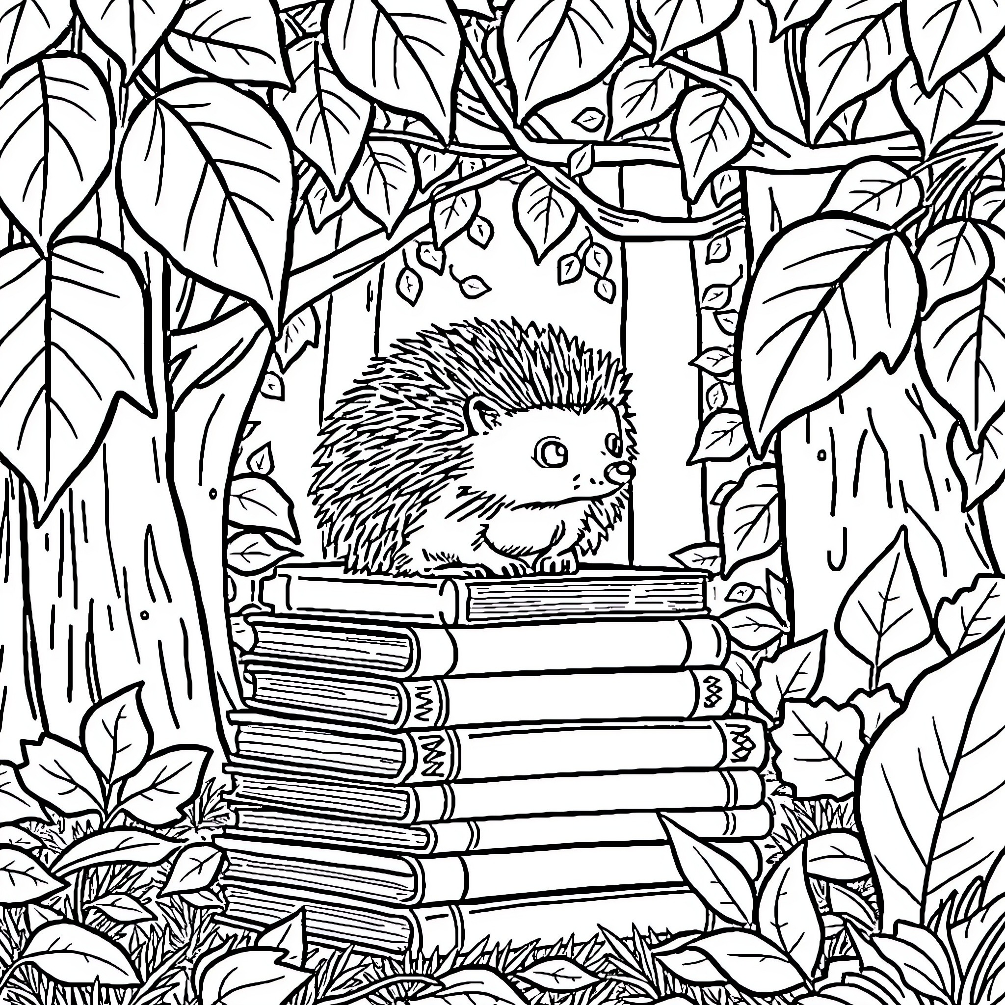 Hedgehog resting on a pile of books in a leafy forest Coloring Page (free black-and-white line drawing printable PDF for all, from beginners to advanced learners, including children, teens, adults, and seniors)