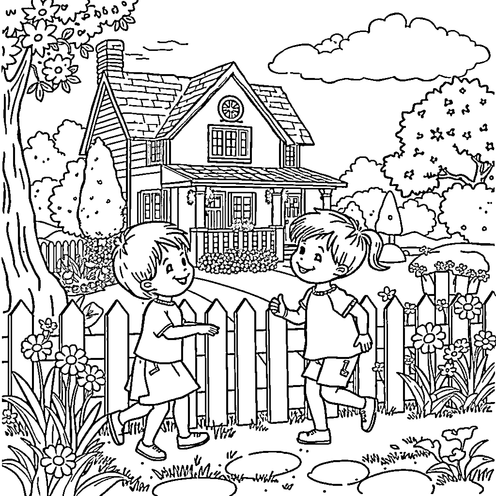 Kid playing in a quaint garden with a friend Coloring Page (free black-and-white line drawing printable PDF for all, from beginners to advanced learners, including children, teens, adults, and seniors)