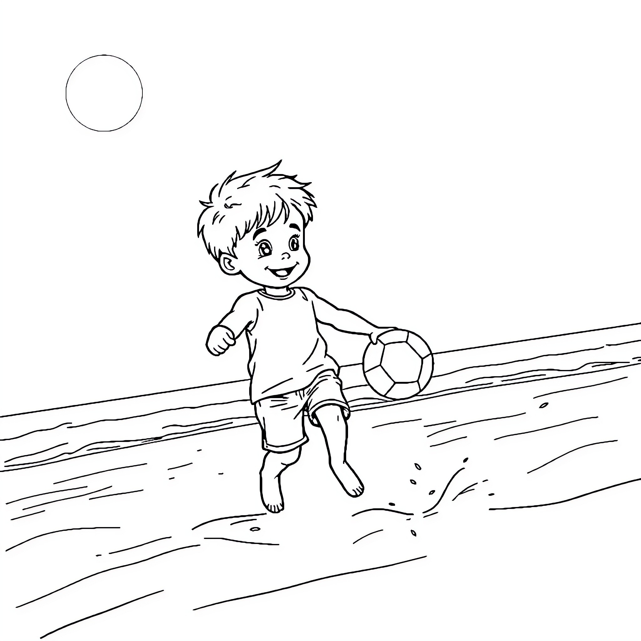 Niño playing joyfully with soccer ball on the field Coloring Page (free black-and-white line drawing printable PDF for all, from beginners to advanced learners, including children, teens, adults, and seniors)