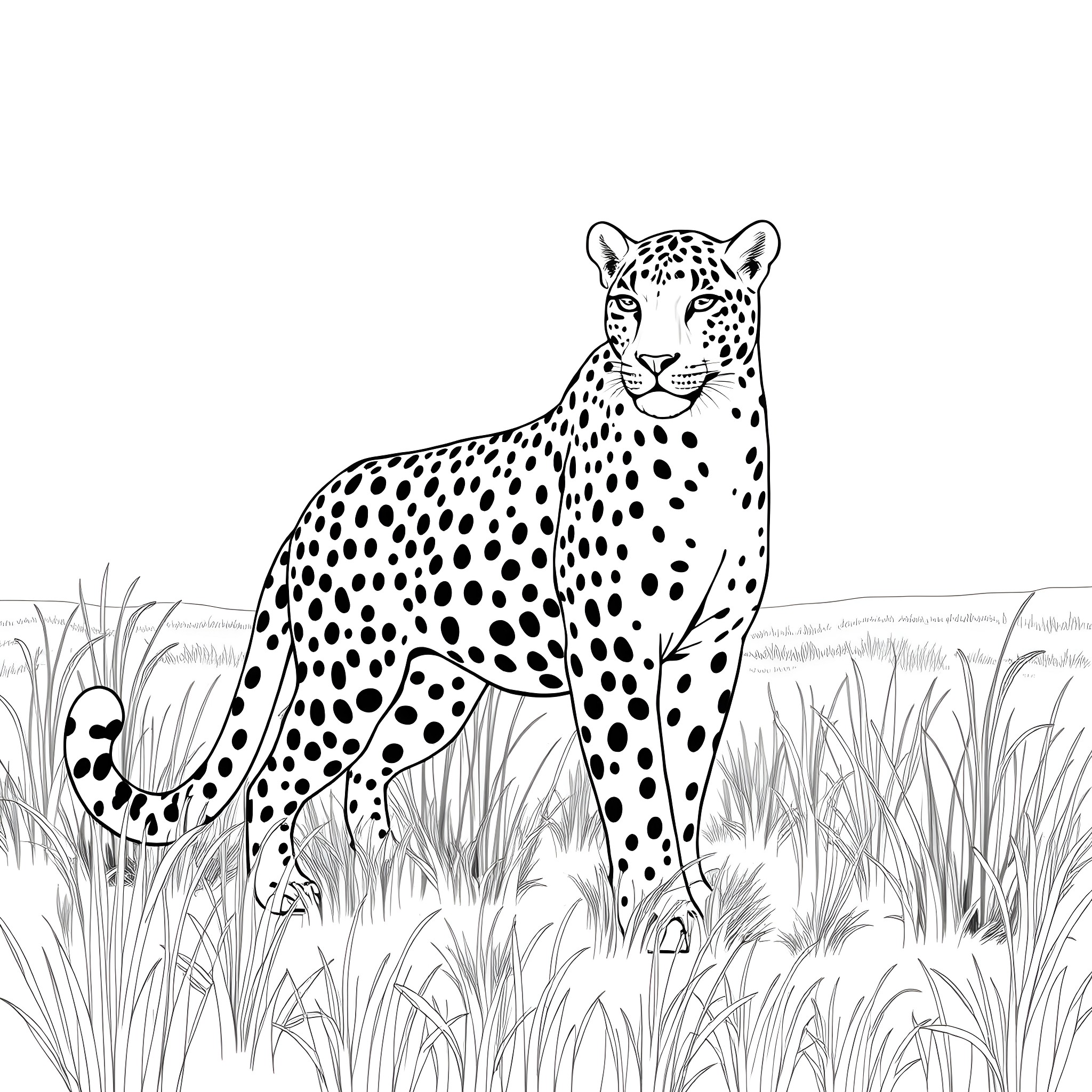 Leopard roaming through the grasslands Coloring Page (free black-and-white line drawing printable PDF for all, from beginners to advanced learners, including children, teens, adults, and seniors)