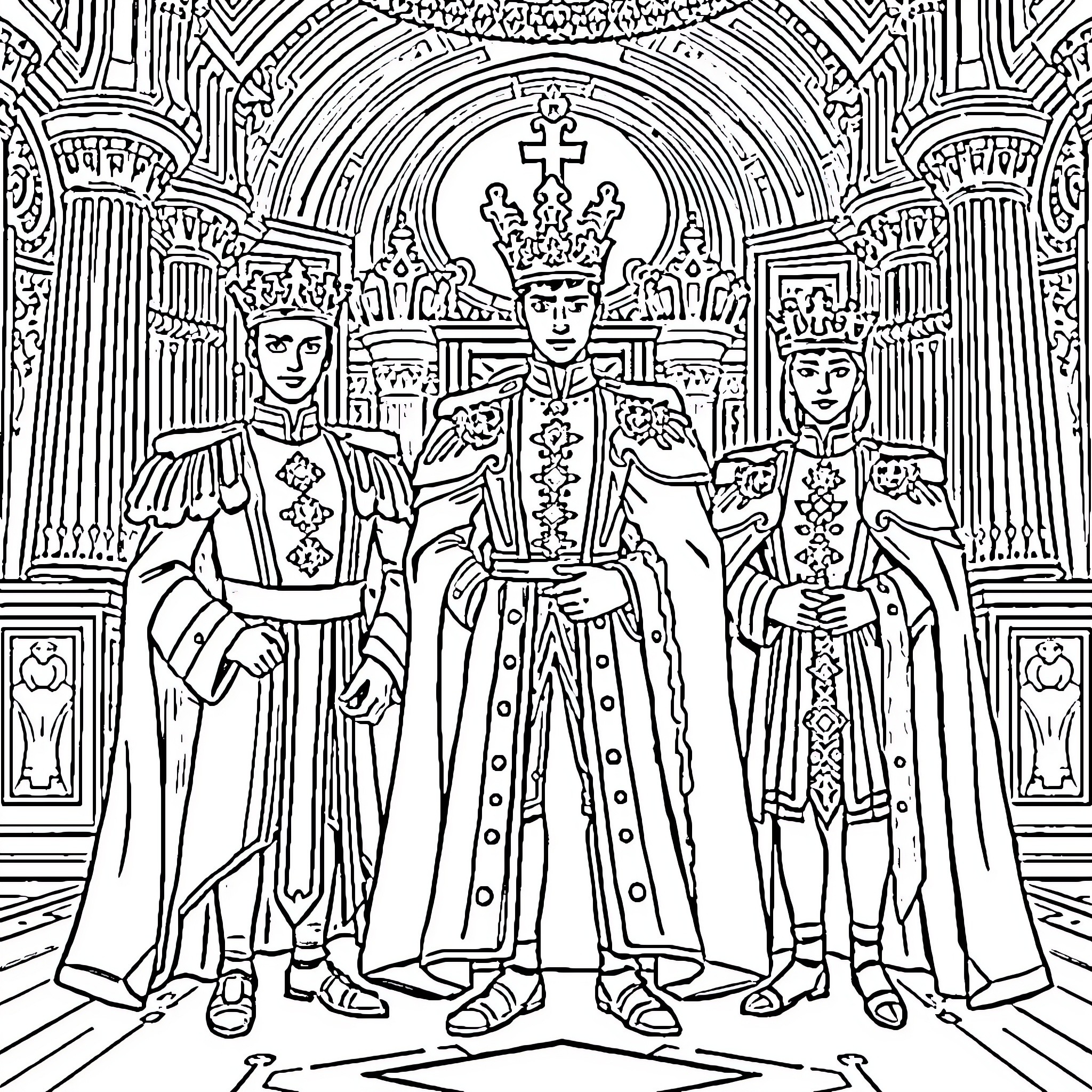 Prince Presides Over Royal Court in Ornate Chamber Coloring Page (free black-and-white line drawing printable PDF for all, from beginners to advanced learners, including children, teens, adults, and seniors)