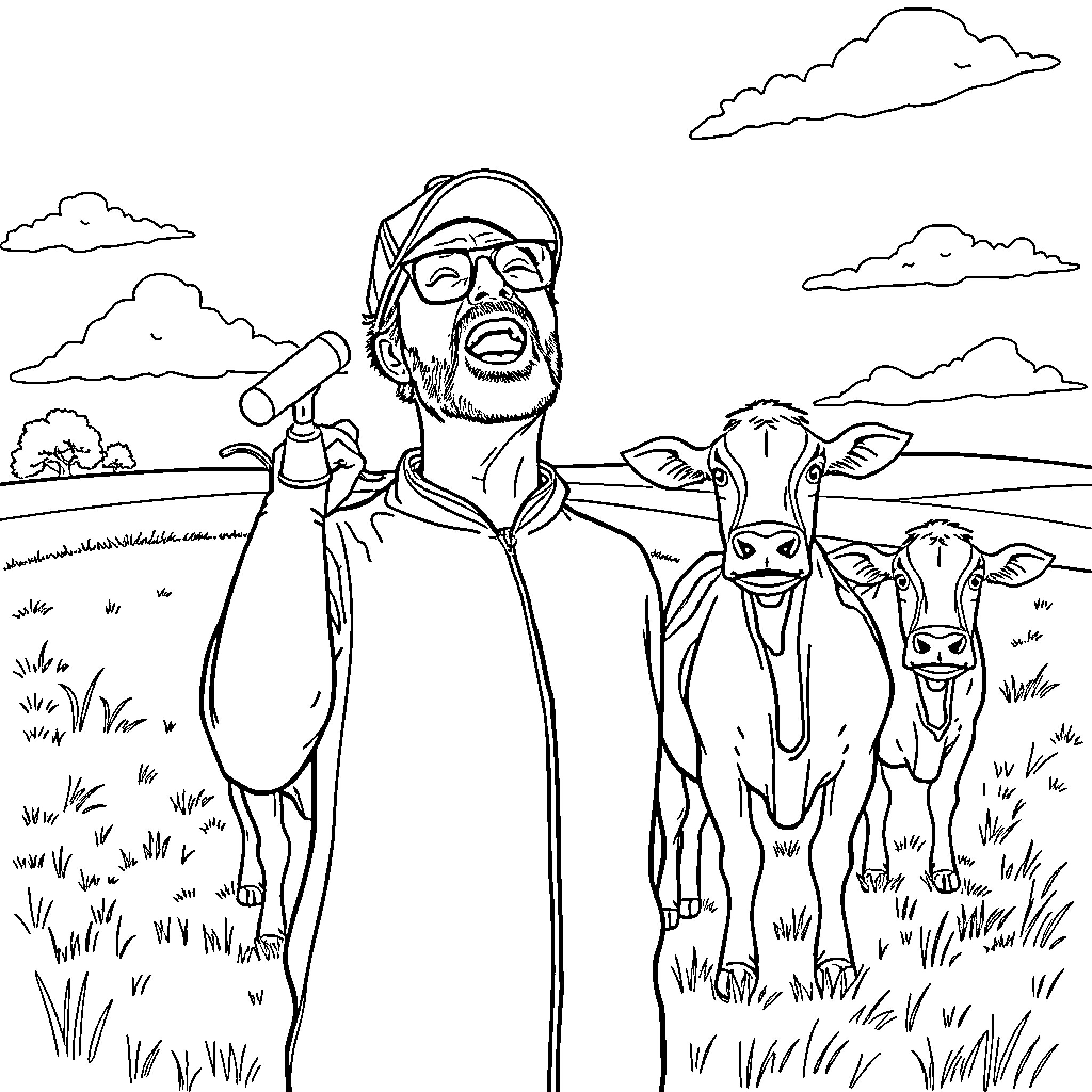 Jurgen Klopp in a rural landscape with cows Coloring Page (free black-and-white line drawing printable PDF for all, from beginners to advanced learners, including children, teens, adults, and seniors)