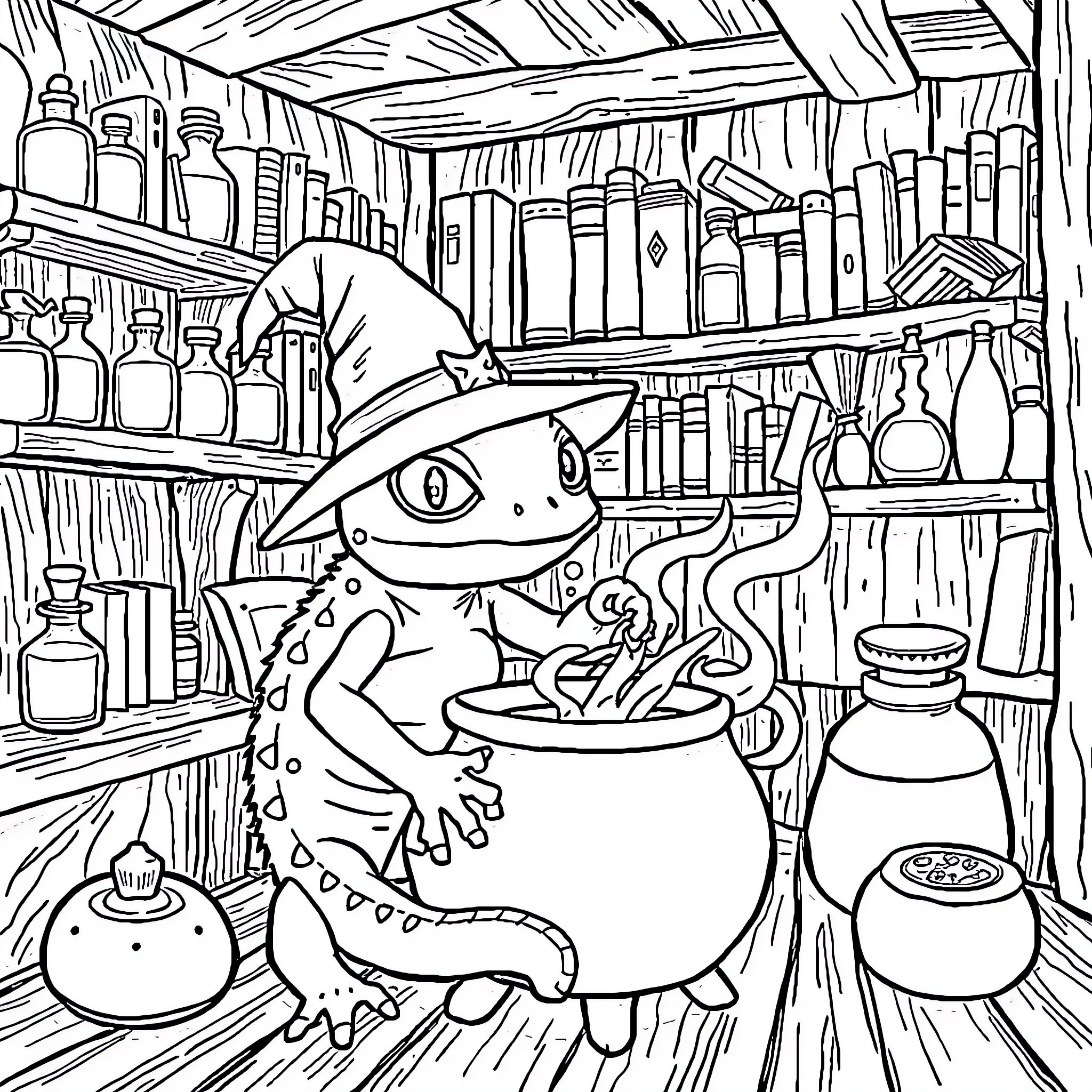 Crested Gecko Exploring Mysterious Apothecary Coloring Page (free black-and-white line drawing printable PDF for all, from beginners to advanced learners, including children, teens, adults, and seniors)