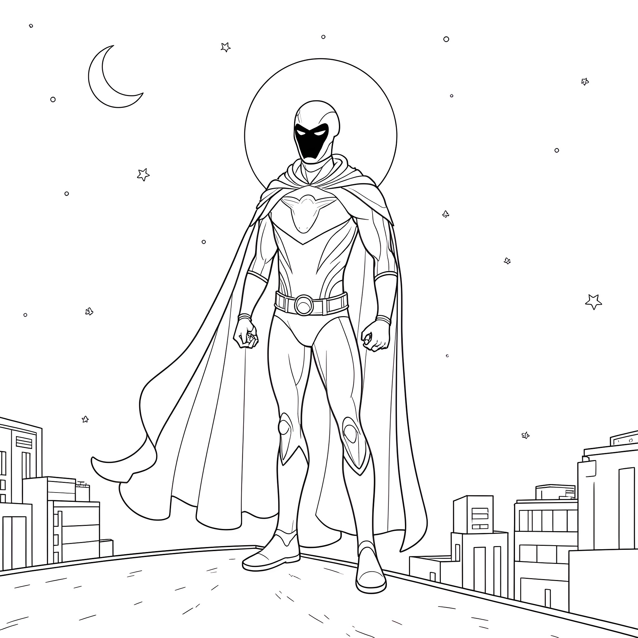 Moon Knight in Heroic Pose Overlooking the City Coloring Page (free black-and-white line drawing printable PDF for all, from beginners to advanced learners, including children, teens, adults, and seniors)