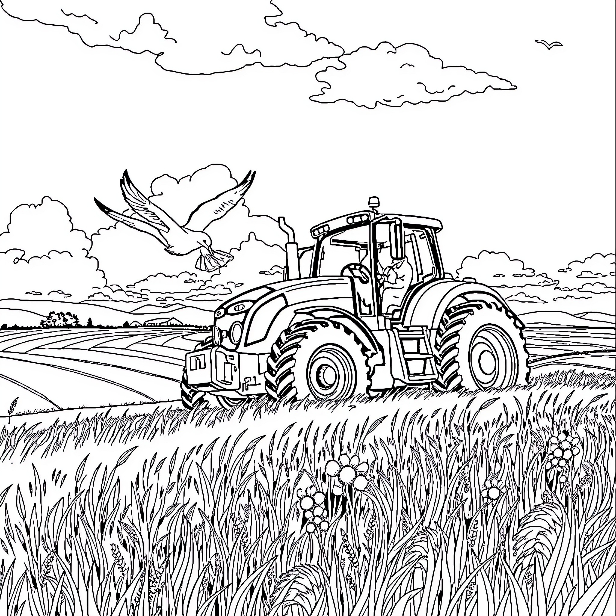 Flying Tractor Navigating Serene Farmland Coloring Page (free black-and-white line drawing printable PDF for all, from beginners to advanced learners, including children, teens, adults, and seniors)
