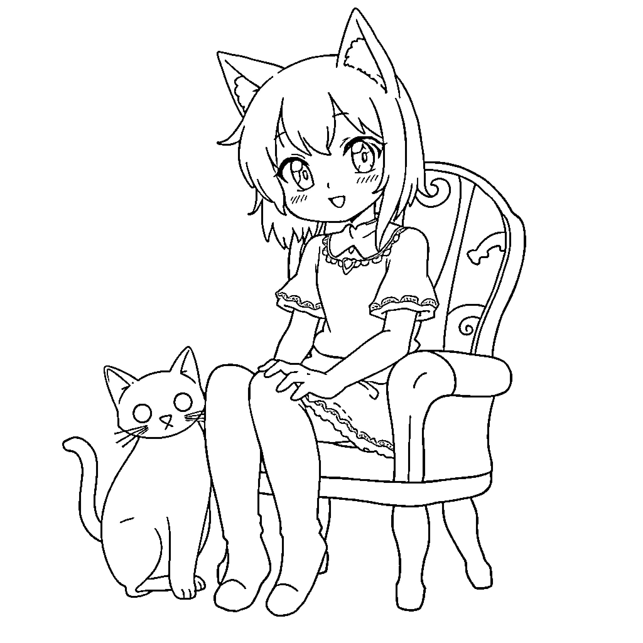 Kuromi and her feline companion in whimsical attire Coloring Page (free black-and-white line drawing printable PDF for all, from beginners to advanced learners, including children, teens, adults, and seniors)