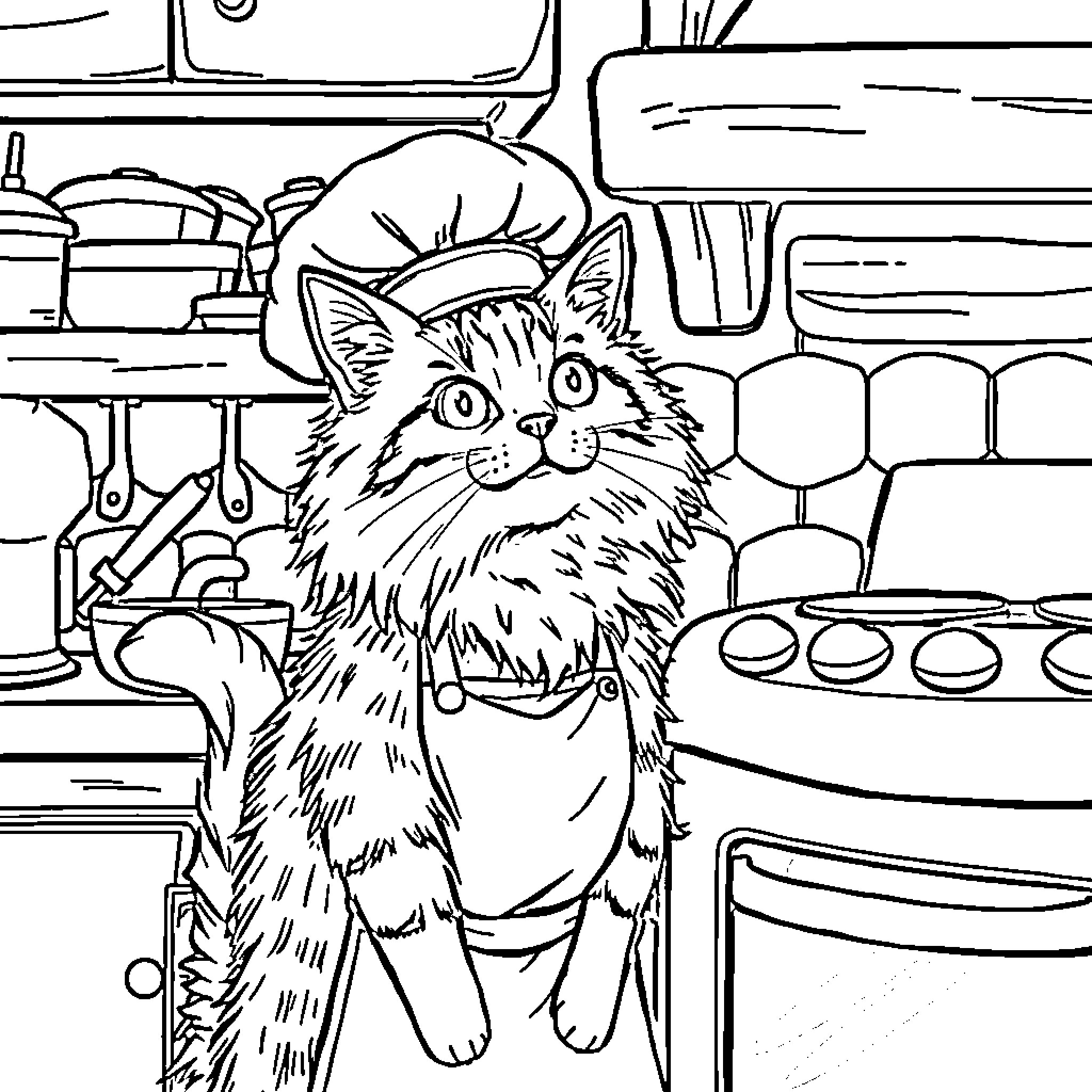 Tabby Cat Helping in the Kitchen Coloring Page (free black-and-white line drawing printable PDF for all, from beginners to advanced learners, including children, teens, adults, and seniors)