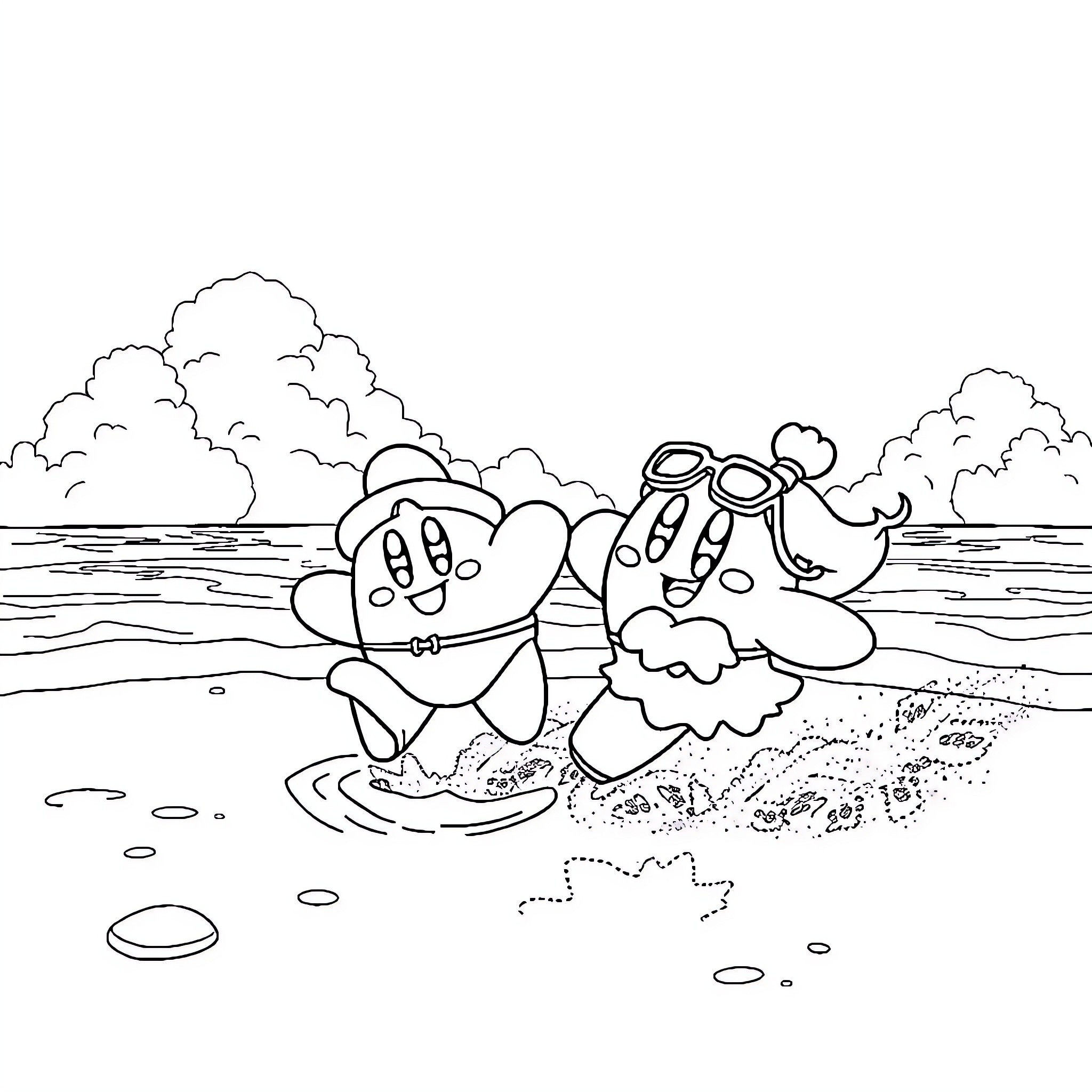 Kirby frolicking in a waterscape with friends Coloring Page (free black-and-white line drawing printable PDF for all, from beginners to advanced learners, including children, teens, adults, and seniors)