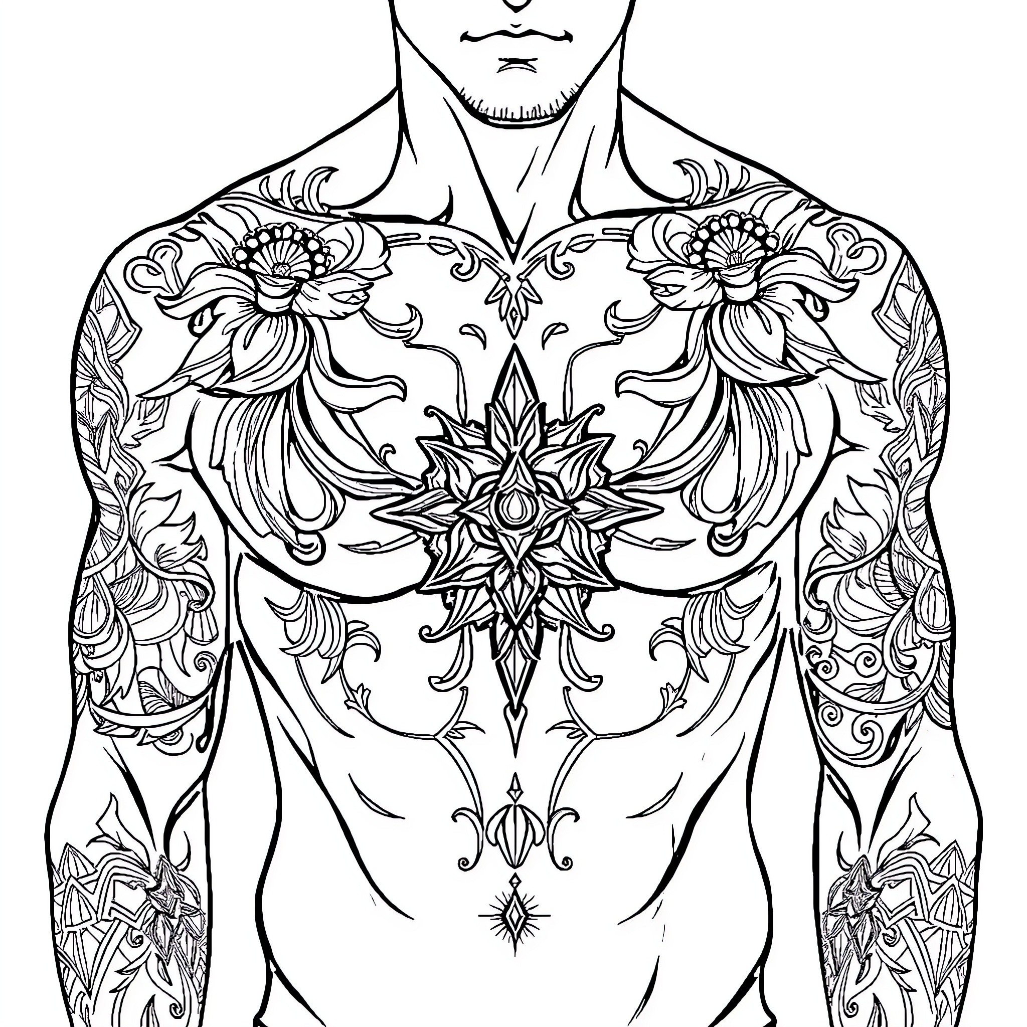 Tattoo of intricate floral designs on shirtless man Coloring Page (free black-and-white line drawing printable PDF for all, from beginners to advanced learners, including children, teens, adults, and seniors)
