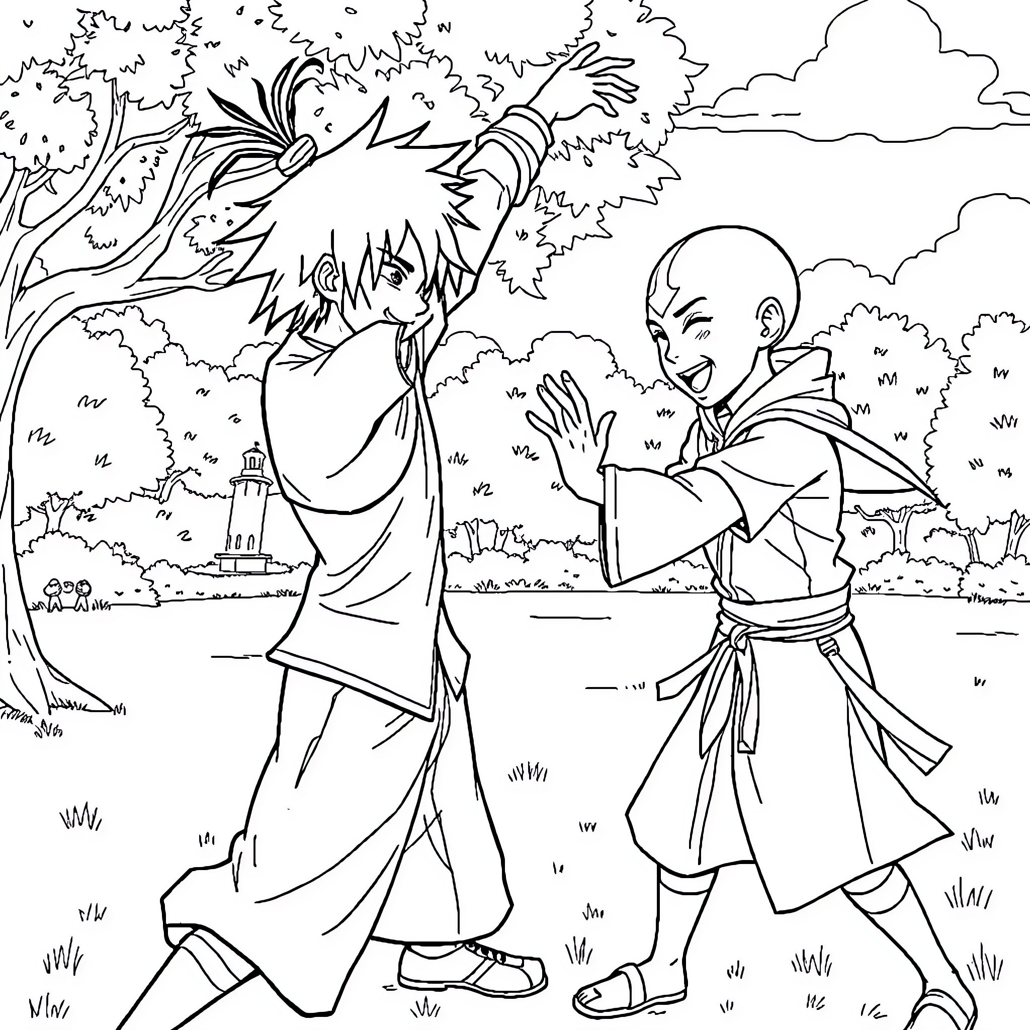 Killua and Gon's Friendly Encounter in the Wilderness Coloring Page (free black-and-white line drawing printable PDF for all, from beginners to advanced learners, including children, teens, adults, and seniors)