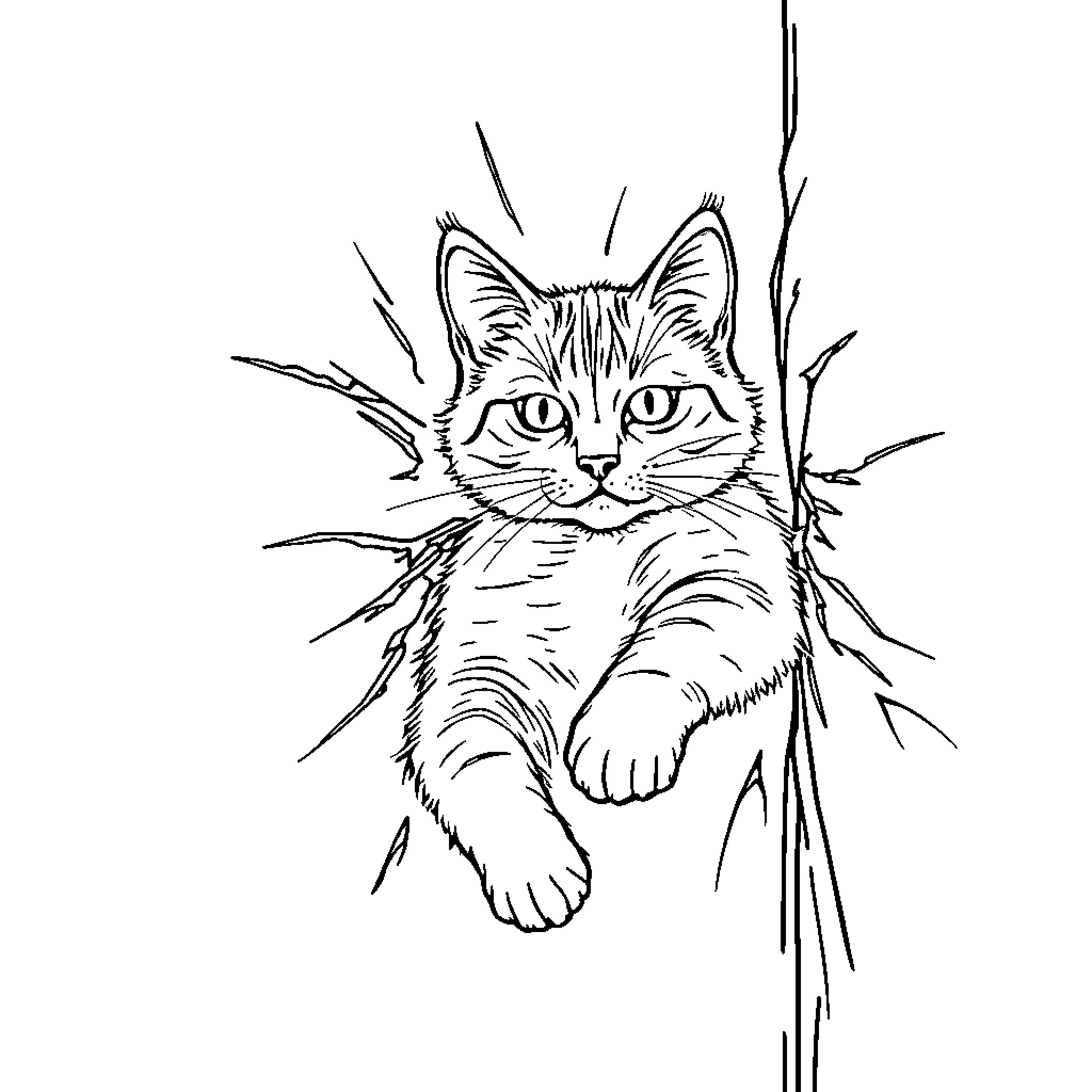 Cat Peeking Through Branches Coloring Page (free black-and-white line drawing printable PDF for all, from beginners to advanced learners, including children, teens, adults, and seniors)