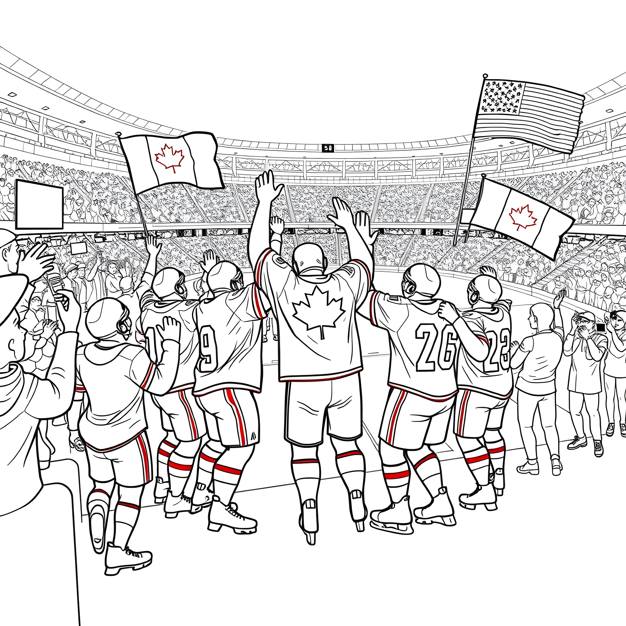Canada's hockey team celebrates victory at the stadium Coloring Page (free black-and-white line drawing printable PDF for all, from beginners to advanced learners, including children, teens, adults, and seniors)