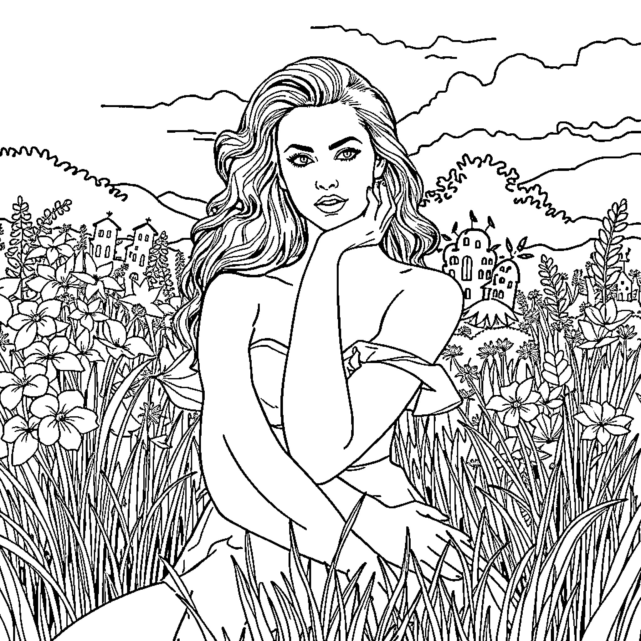 Celine Reverchon in a peaceful natural scene Coloring Page (free black-and-white line drawing printable PDF for all, from beginners to advanced learners, including children, teens, adults, and seniors)