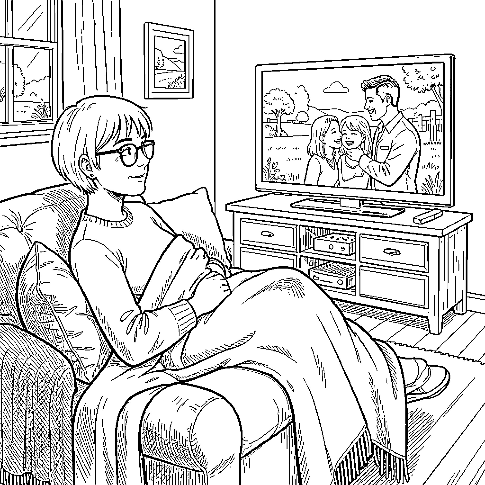 Katharina relaxing and watching television at home Coloring Page (free black-and-white line drawing printable PDF for all, from beginners to advanced learners, including children, teens, adults, and seniors)