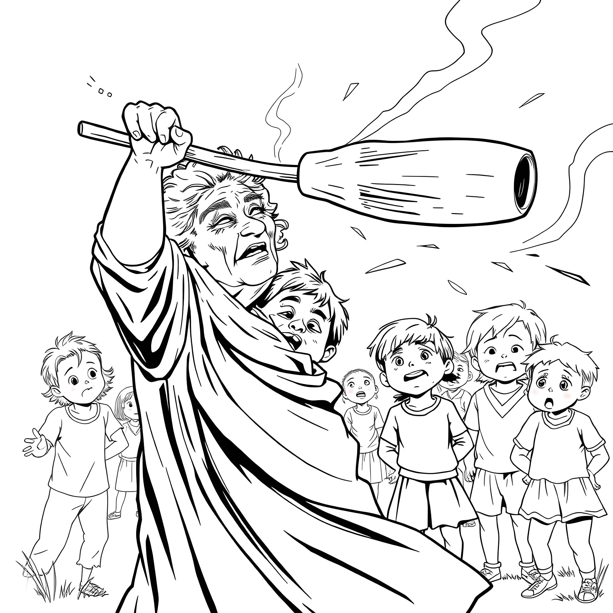 Grandma playing with children in the park Coloring Page (free black-and-white line drawing printable PDF for all, from beginners to advanced learners, including children, teens, adults, and seniors)