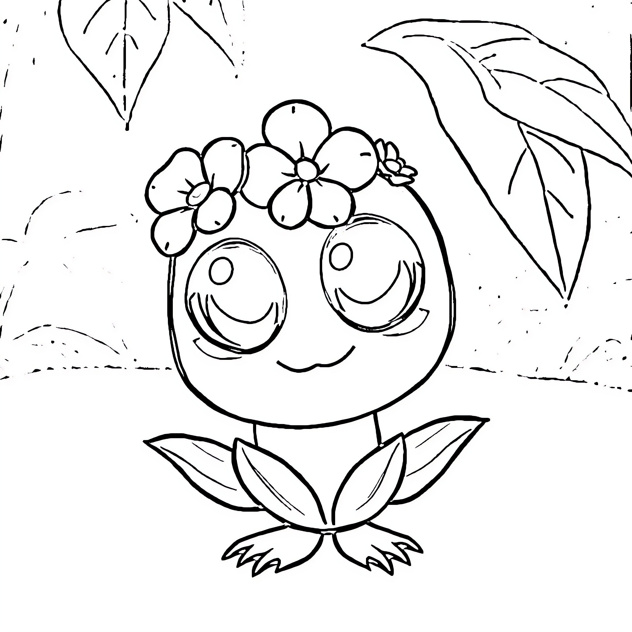 Palmon flower creature with happy expression Coloring Page (free black-and-white line drawing printable PDF for all, from beginners to advanced learners, including children, teens, adults, and seniors)