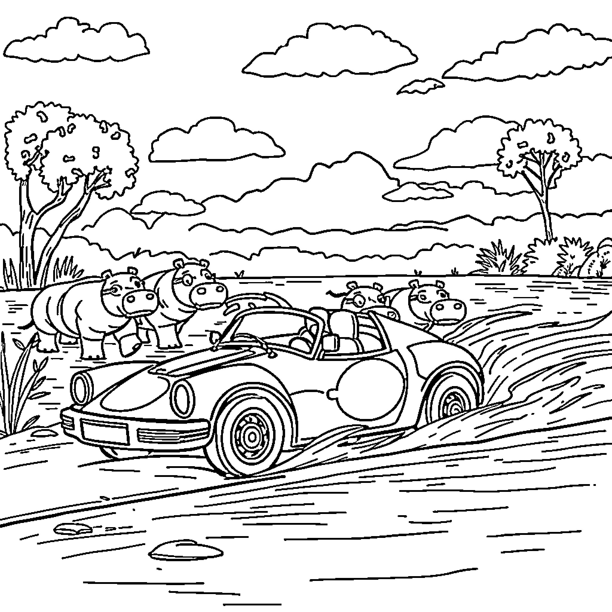 Formula Car Racing Through Lush Landscape Coloring Page (free black-and-white line drawing printable PDF for all, from beginners to advanced learners, including children, teens, adults, and seniors)