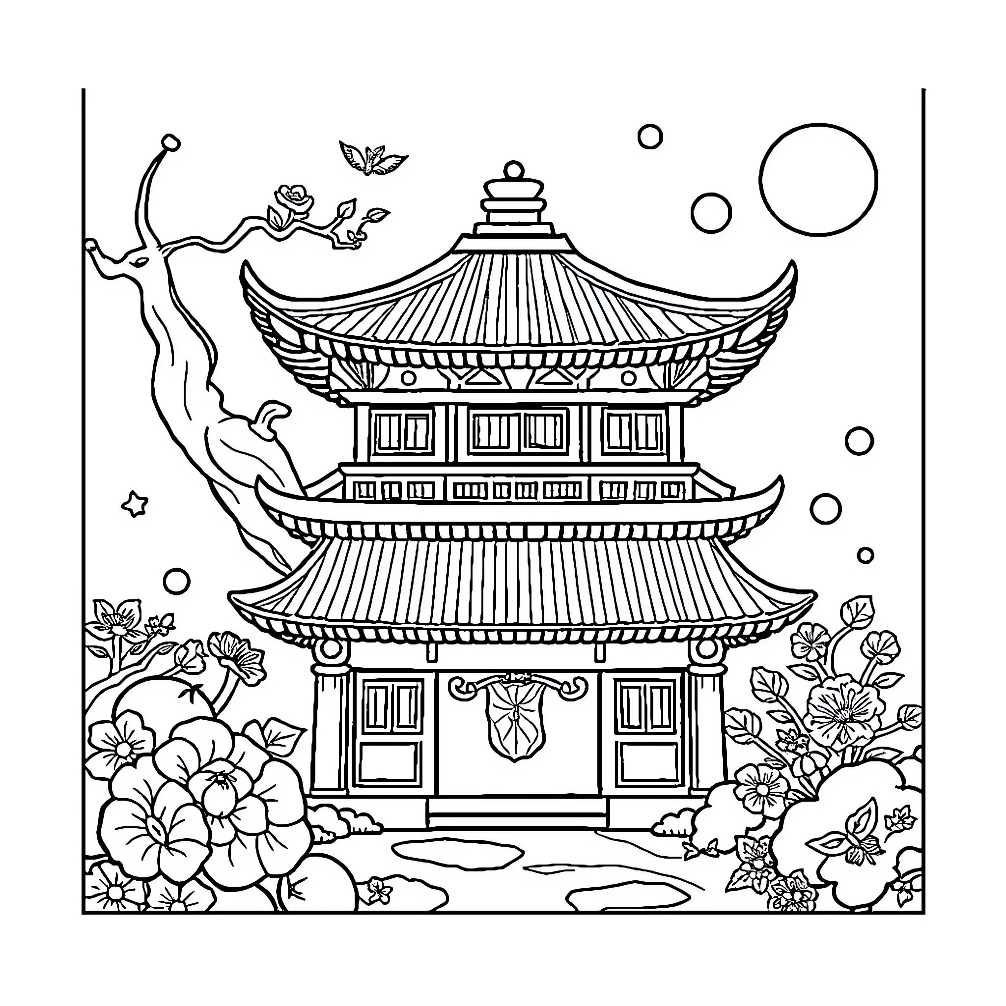Cat exploring an Oriental pagoda garden Coloring Page (free black-and-white line drawing printable PDF for all, from beginners to advanced learners, including children, teens, adults, and seniors)