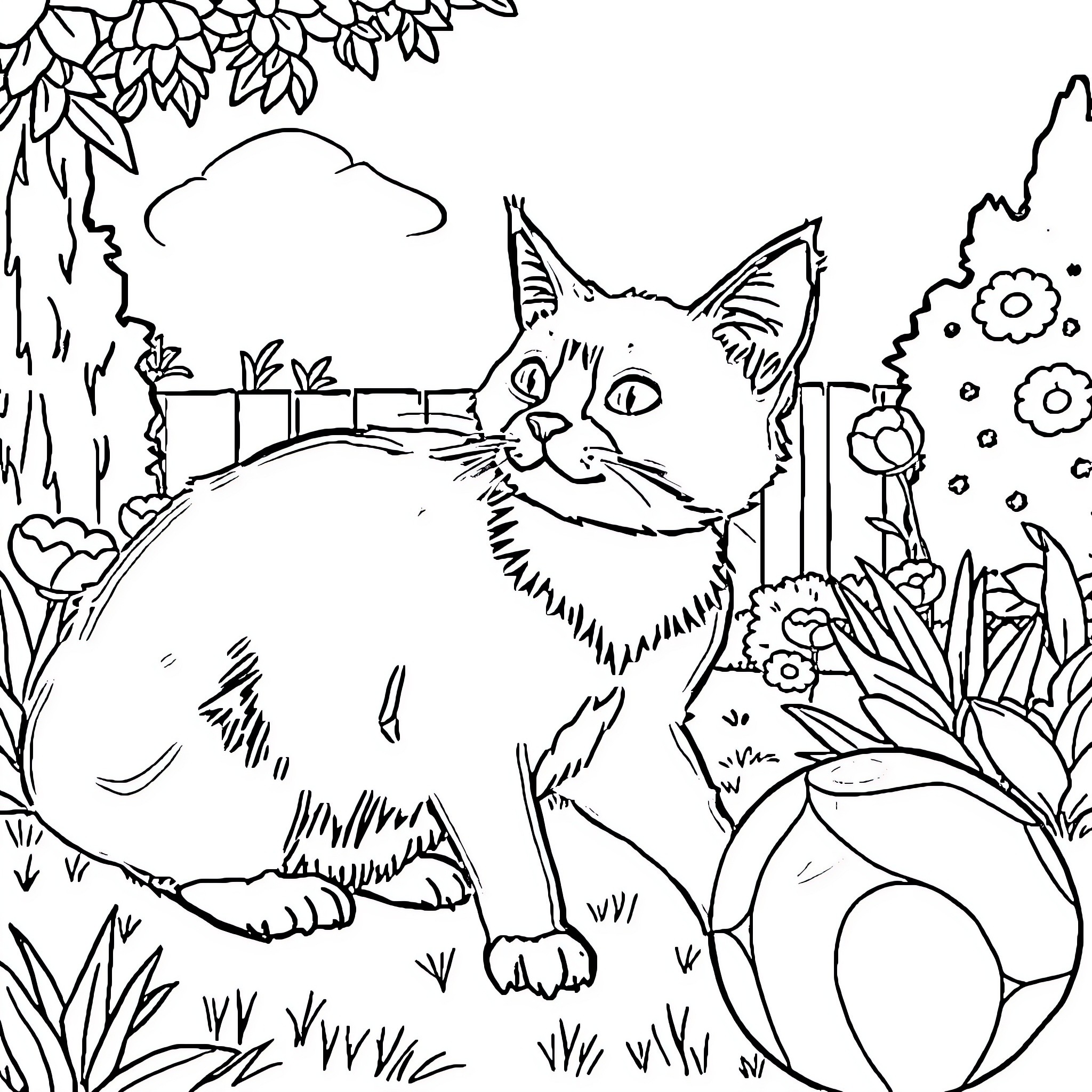 Cat in the Floral Garden Coloring Page (free black-and-white line drawing printable PDF for all, from beginners to advanced learners, including children, teens, adults, and seniors)