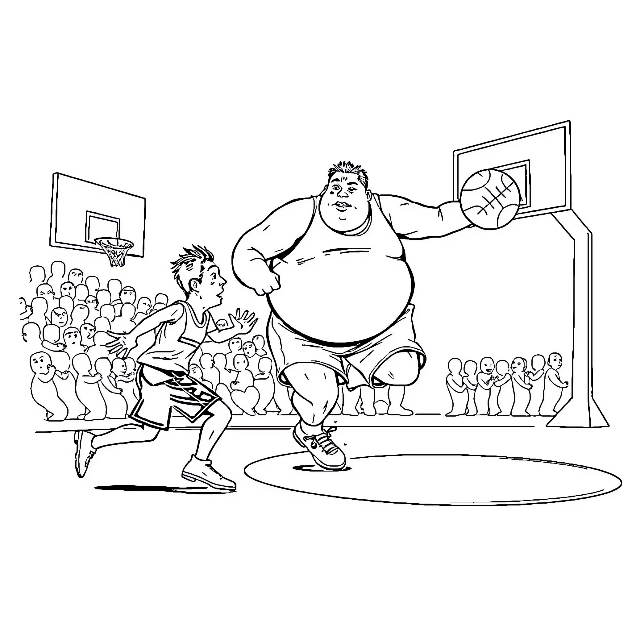 Man Playing Basketball with Crowd Coloring Page (free black-and-white line drawing printable PDF for all, from beginners to advanced learners, including children, teens, adults, and seniors)