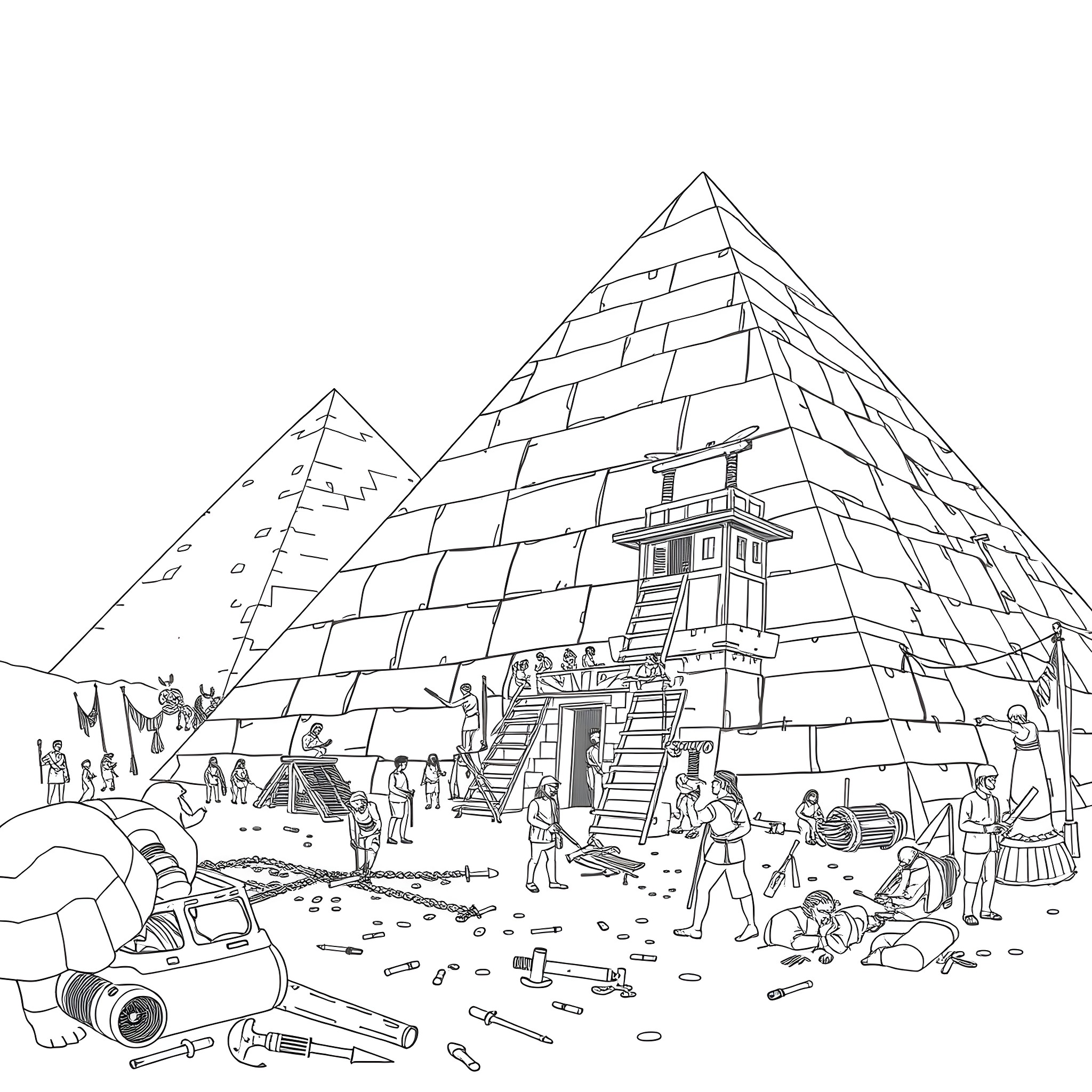 Pyramid with Bustling Activity and Exploration Coloring Page (free black-and-white line drawing printable PDF for all, from beginners to advanced learners, including children, teens, adults, and seniors)