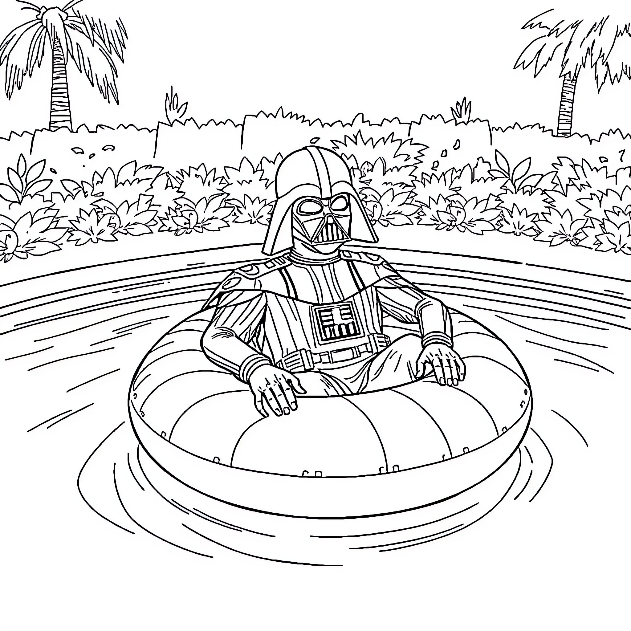 Darth Vader relaxing in a float in a tropical setting Coloring Page (free black-and-white line drawing printable PDF for all, from beginners to advanced learners, including children, teens, adults, and seniors)