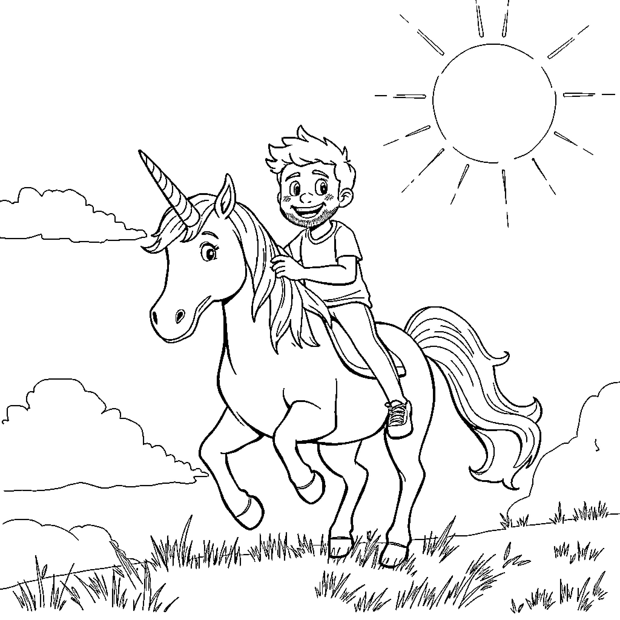 Myles Garrett riding a unicorn in a sunny field Coloring Page (free black-and-white line drawing printable PDF for all, from beginners to advanced learners, including children, teens, adults, and seniors)