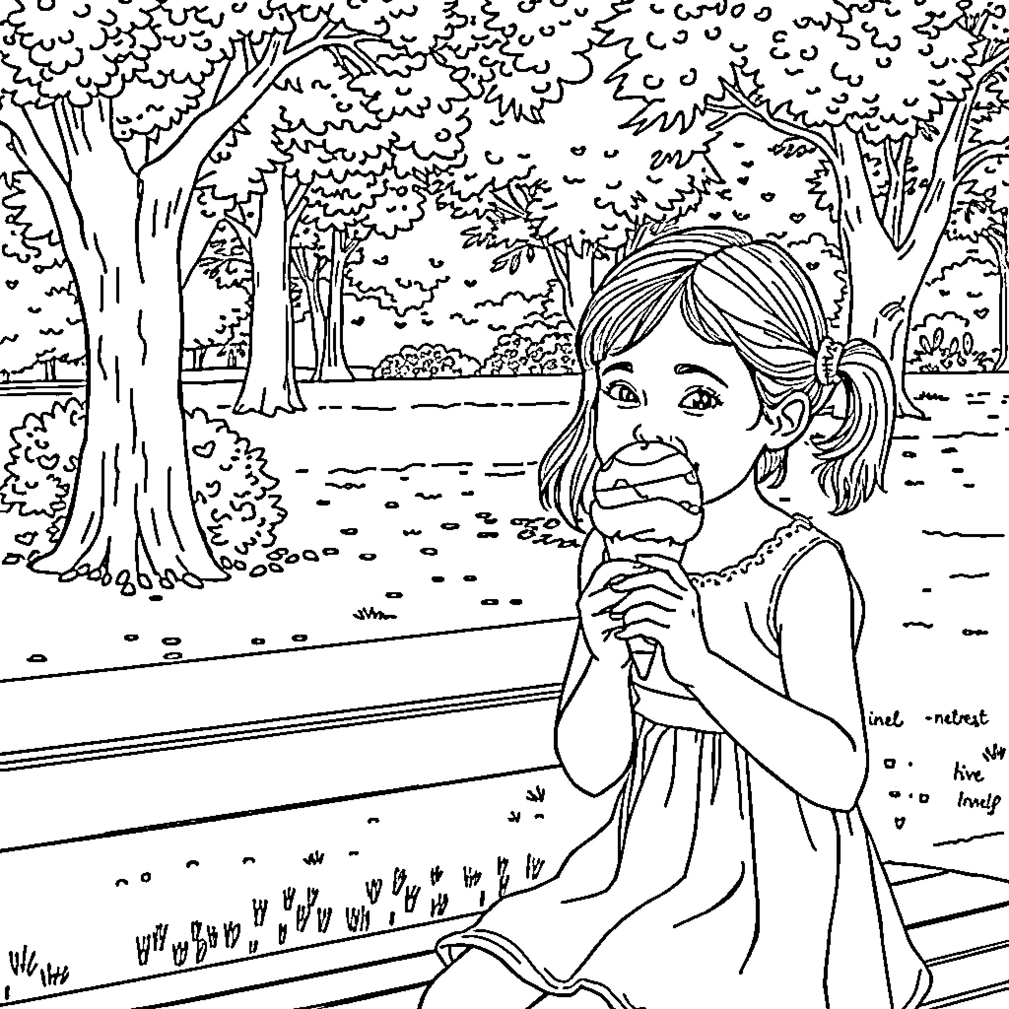 Girl contemplating in a serene forest scene Coloring Page (free black-and-white line drawing printable PDF for all, from beginners to advanced learners, including children, teens, adults, and seniors)