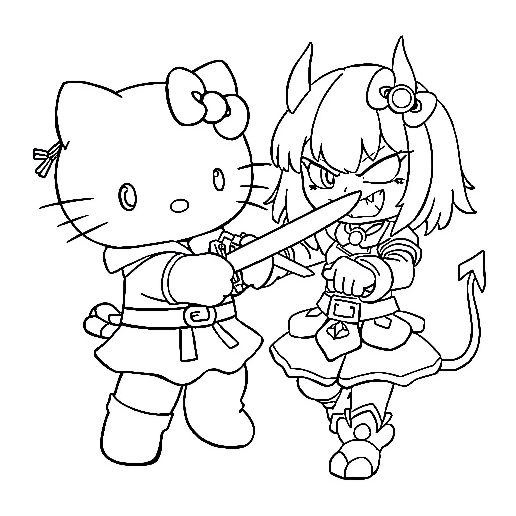 Hello Kitty and friend in adventurous scene Coloring Page (free black-and-white line drawing printable PDF for all, from beginners to advanced learners, including children, teens, adults, and seniors)