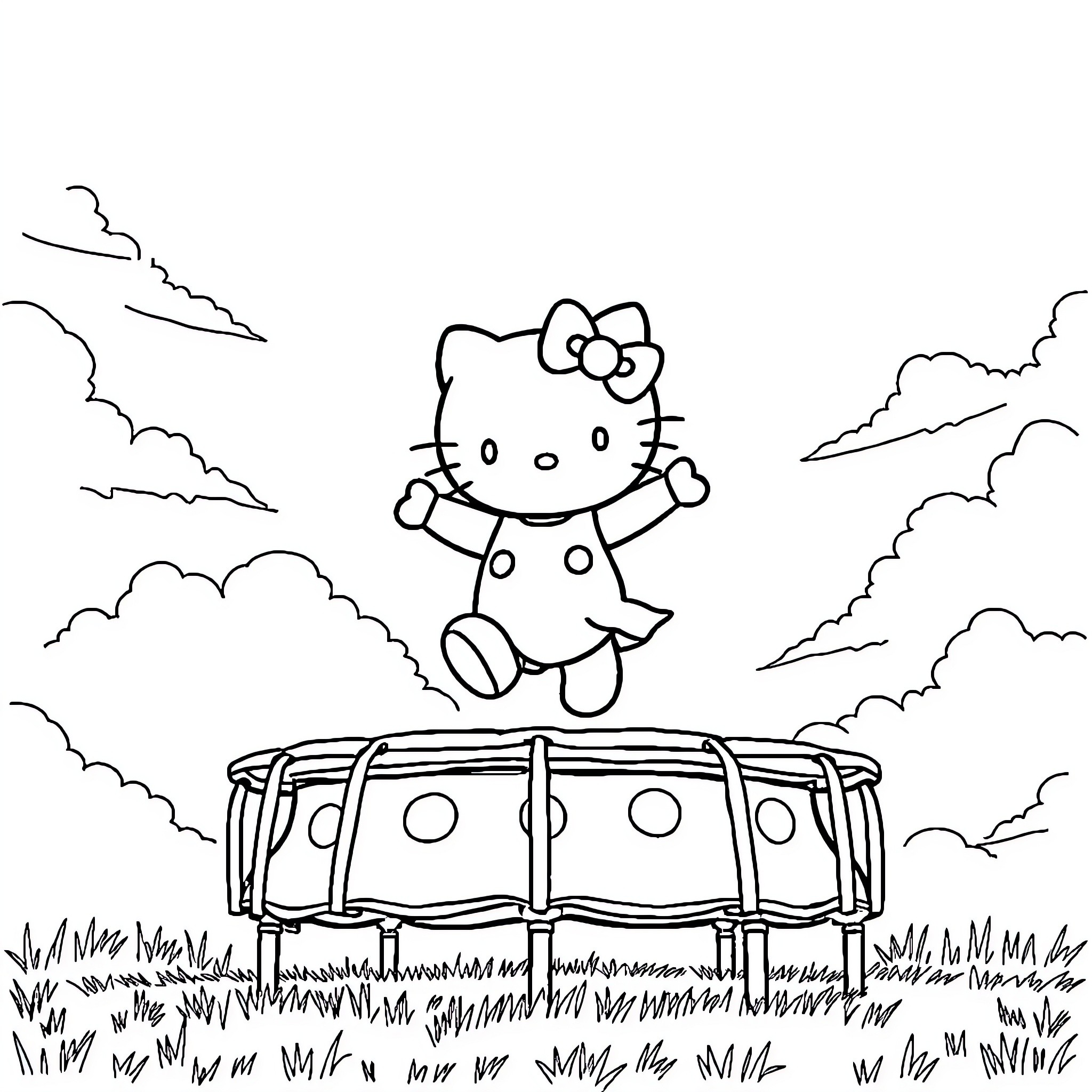Hello Kitty jumping on a drum in the field Coloring Page (free black-and-white line drawing printable PDF for all, from beginners to advanced learners, including children, teens, adults, and seniors)