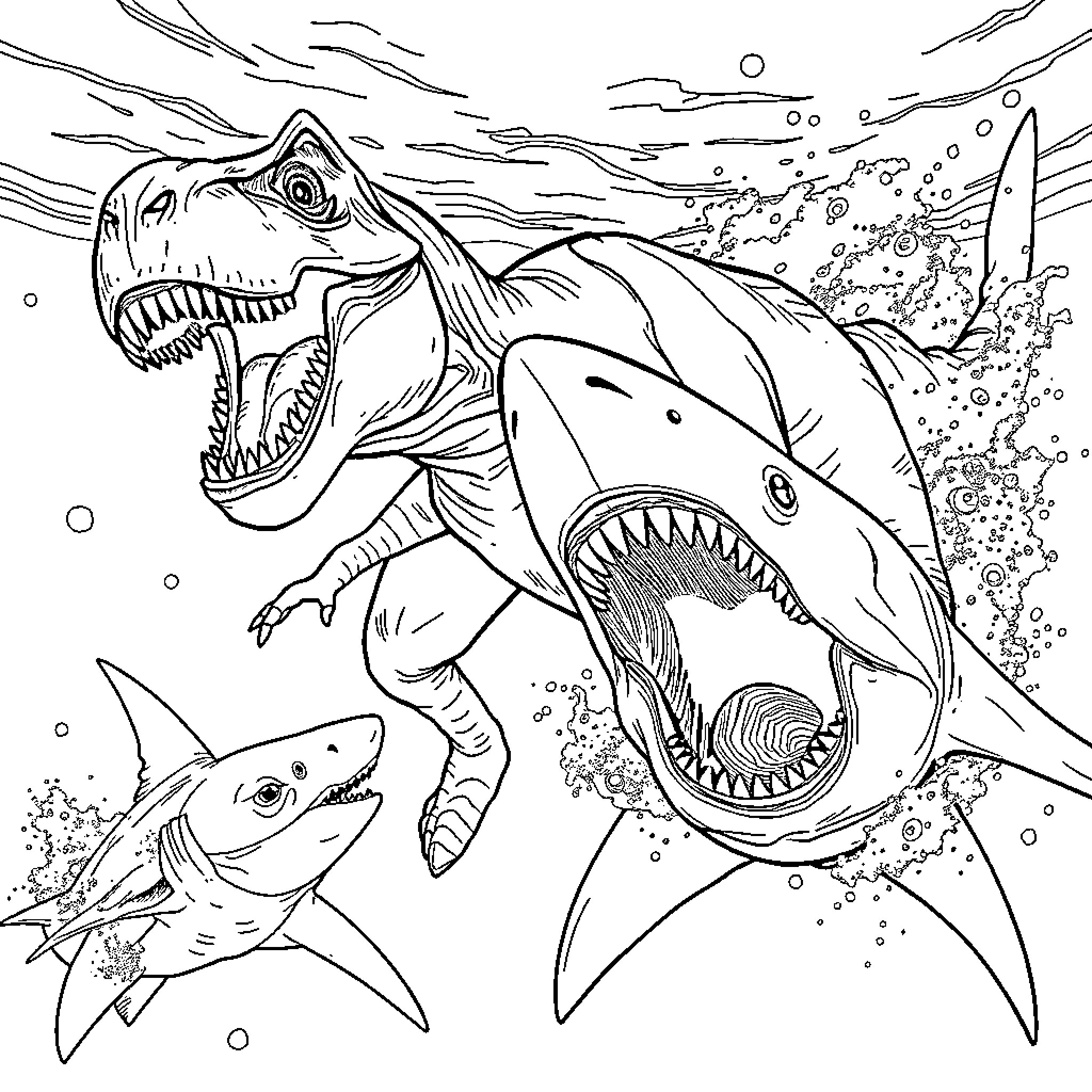 T-Rex Hunting Ferocious Sharks in Underwater Scene Coloring Page (free black-and-white line drawing printable PDF for all, from beginners to advanced learners, including children, teens, adults, and seniors)