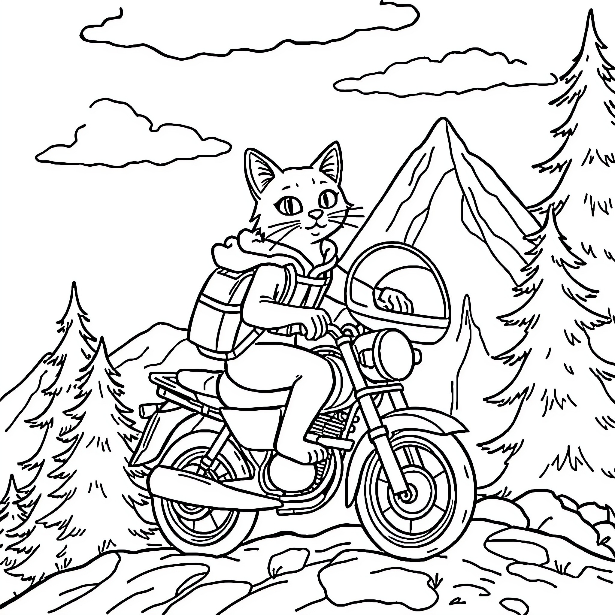 Cat riding a motorcycle through nature Coloring Page (free black-and-white line drawing printable PDF for all, from beginners to advanced learners, including children, teens, adults, and seniors)