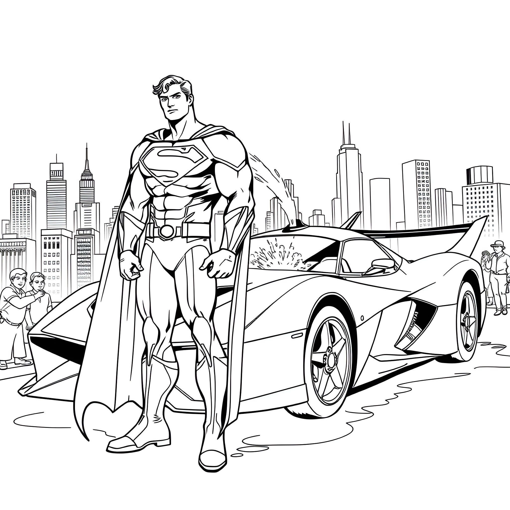 Superman standing heroically with sports car in the city Coloring Page (free black-and-white line drawing printable PDF for all, from beginners to advanced learners, including children, teens, adults, and seniors)