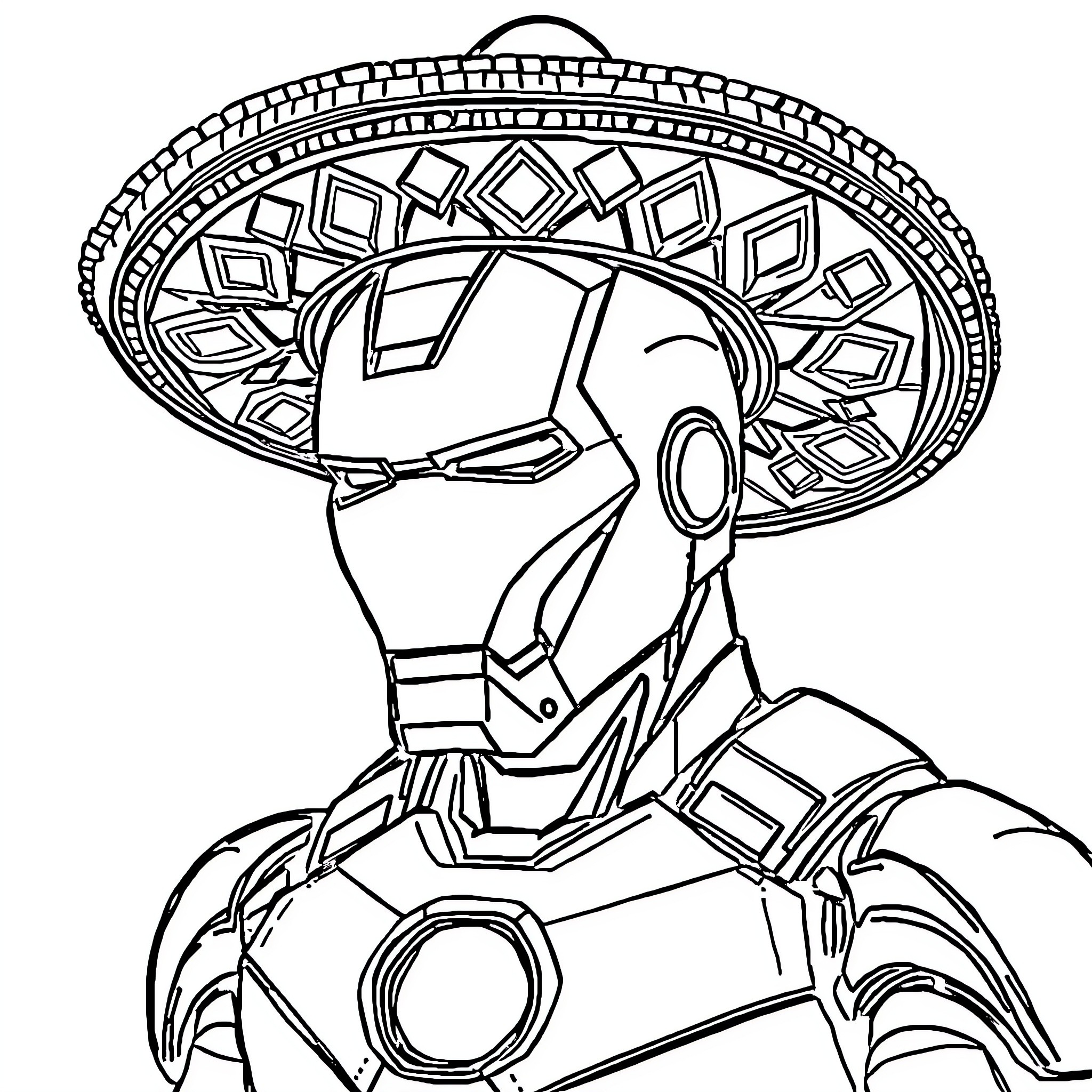 Iron Man in traditional Mexican attire Coloring Page (free black-and-white line drawing printable PDF for all, from beginners to advanced learners, including children, teens, adults, and seniors)