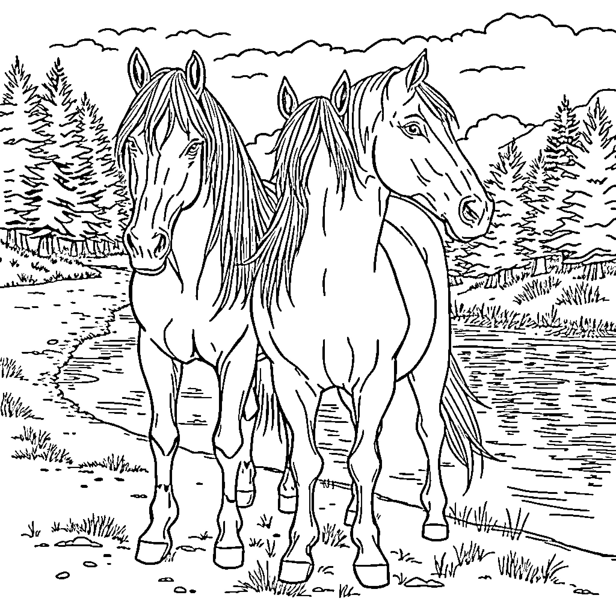 Horses Standing in Scenic Outdoor Landscape Coloring Page (free black-and-white line drawing printable PDF for all, from beginners to advanced learners, including children, teens, adults, and seniors)
