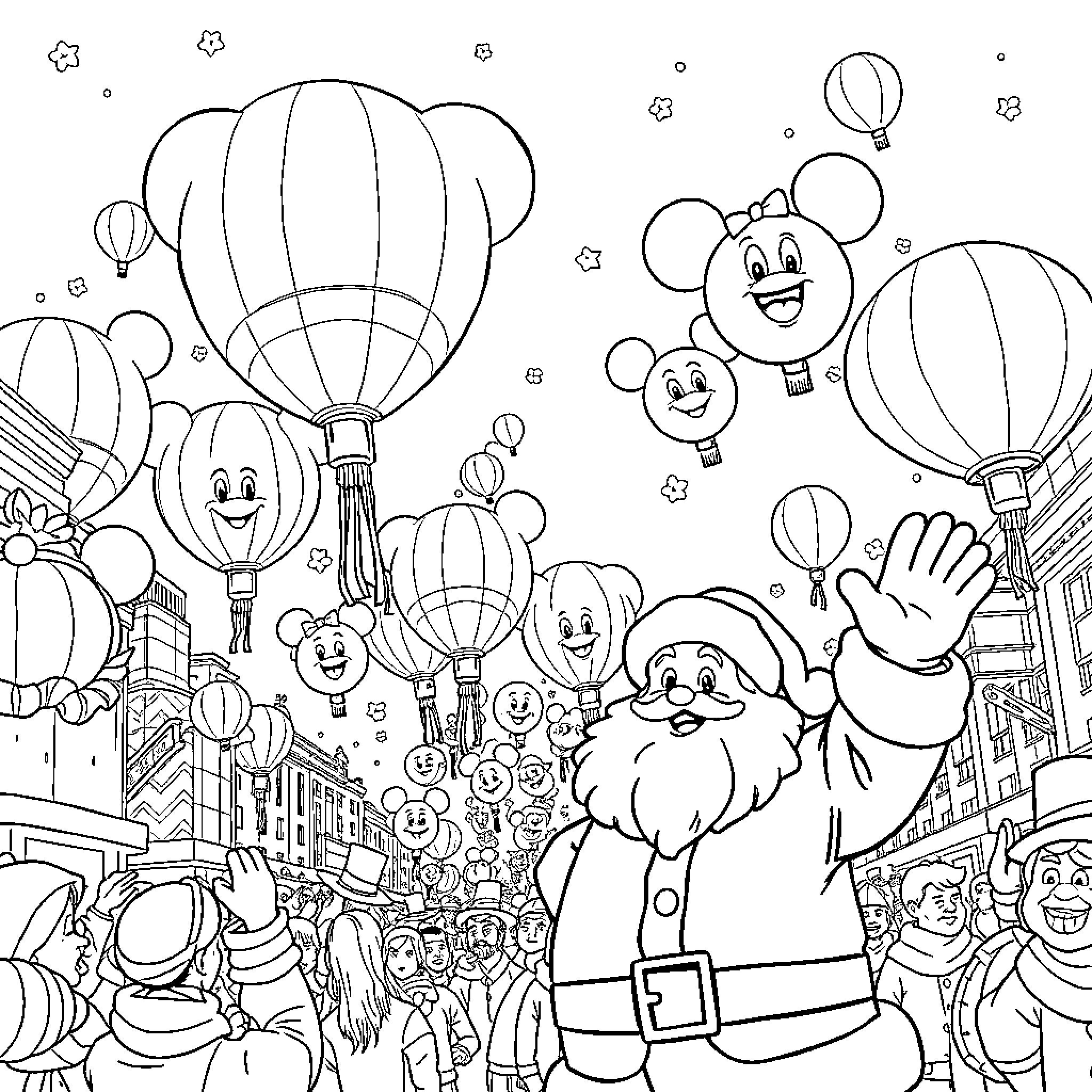 Santa waving amidst whimsical hot air balloons Coloring Page (free black-and-white line drawing printable PDF for all, from beginners to advanced learners, including children, teens, adults, and seniors)