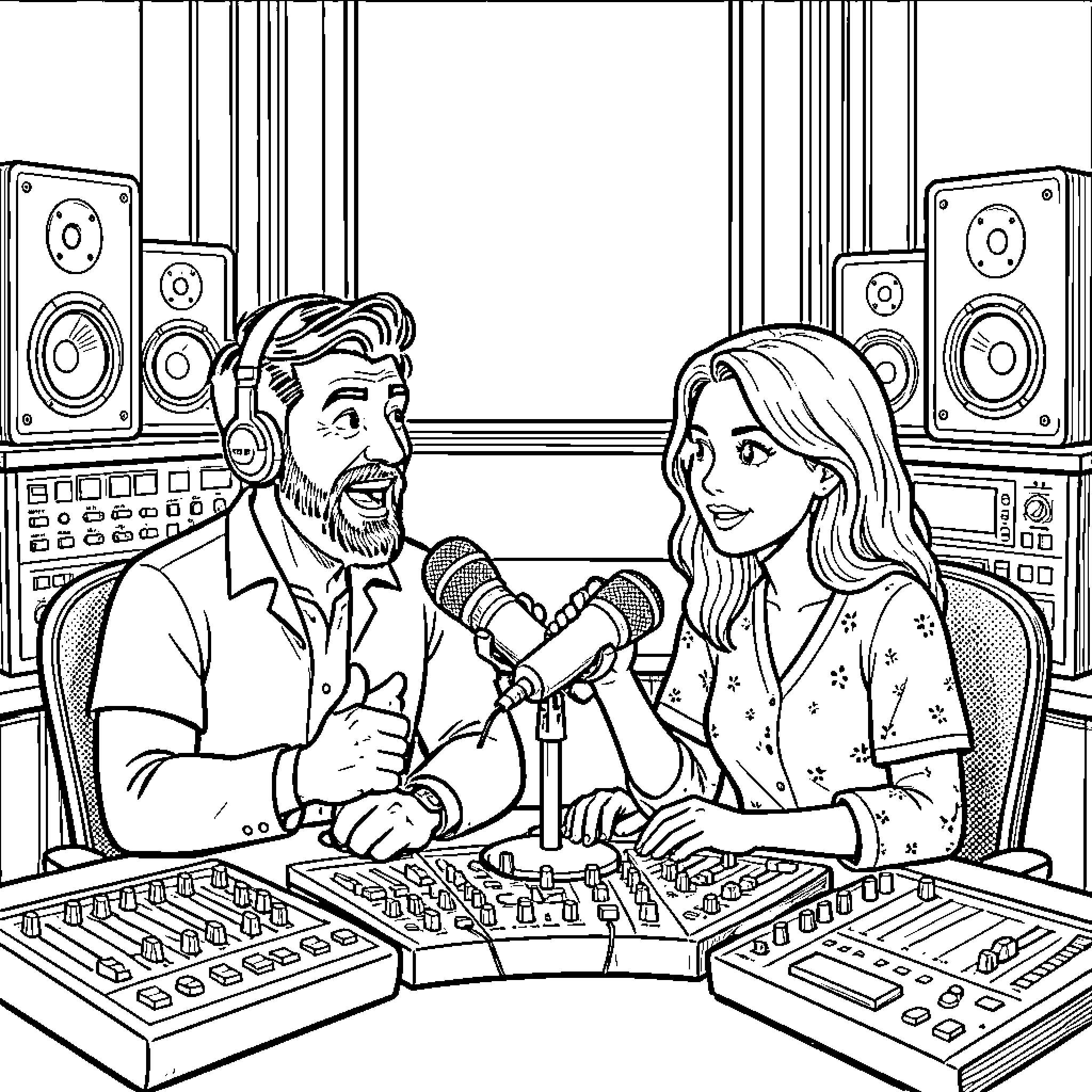 Radio Presenter engaging in conversation with a guest Coloring Page (free black-and-white line drawing printable PDF for all, from beginners to advanced learners, including children, teens, adults, and seniors)