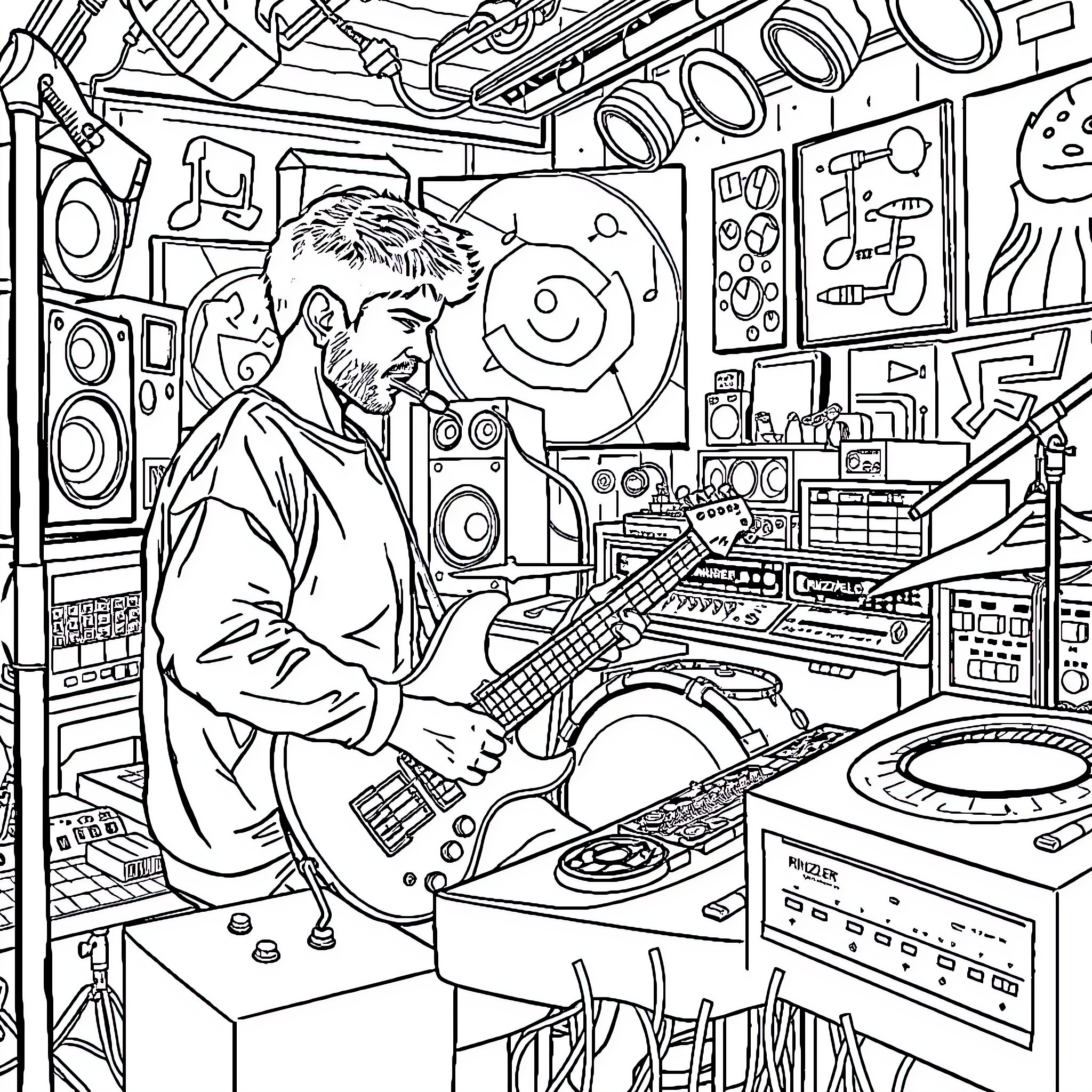 Rinzler's musical sanctuary: Instruments and audio equipment galore Coloring Page (free black-and-white line drawing printable PDF for all, from beginners to advanced learners, including children, teens, adults, and seniors)