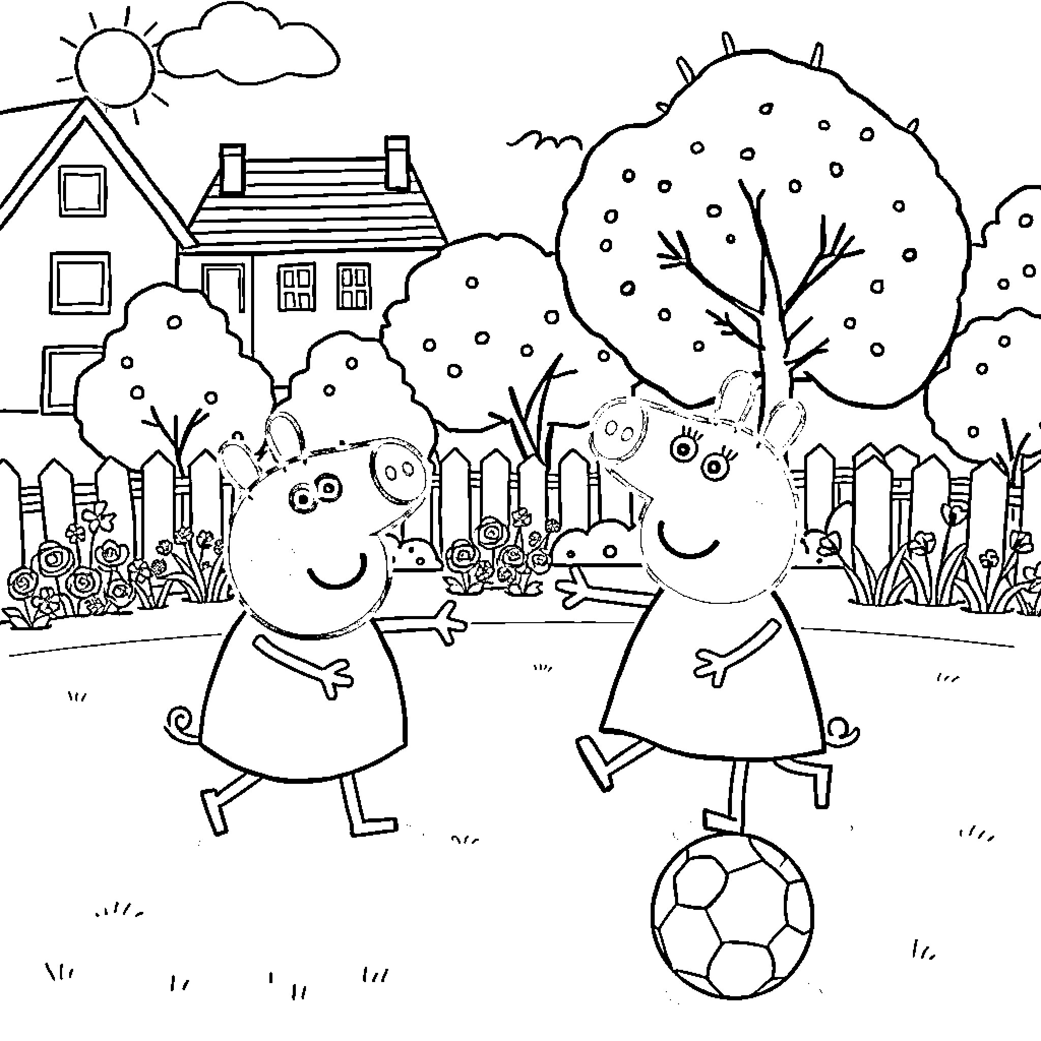 Peppa Pig and friend playing with soccer ball in the park Coloring Page (free black-and-white line drawing printable PDF for all, from beginners to advanced learners, including children, teens, adults, and seniors)