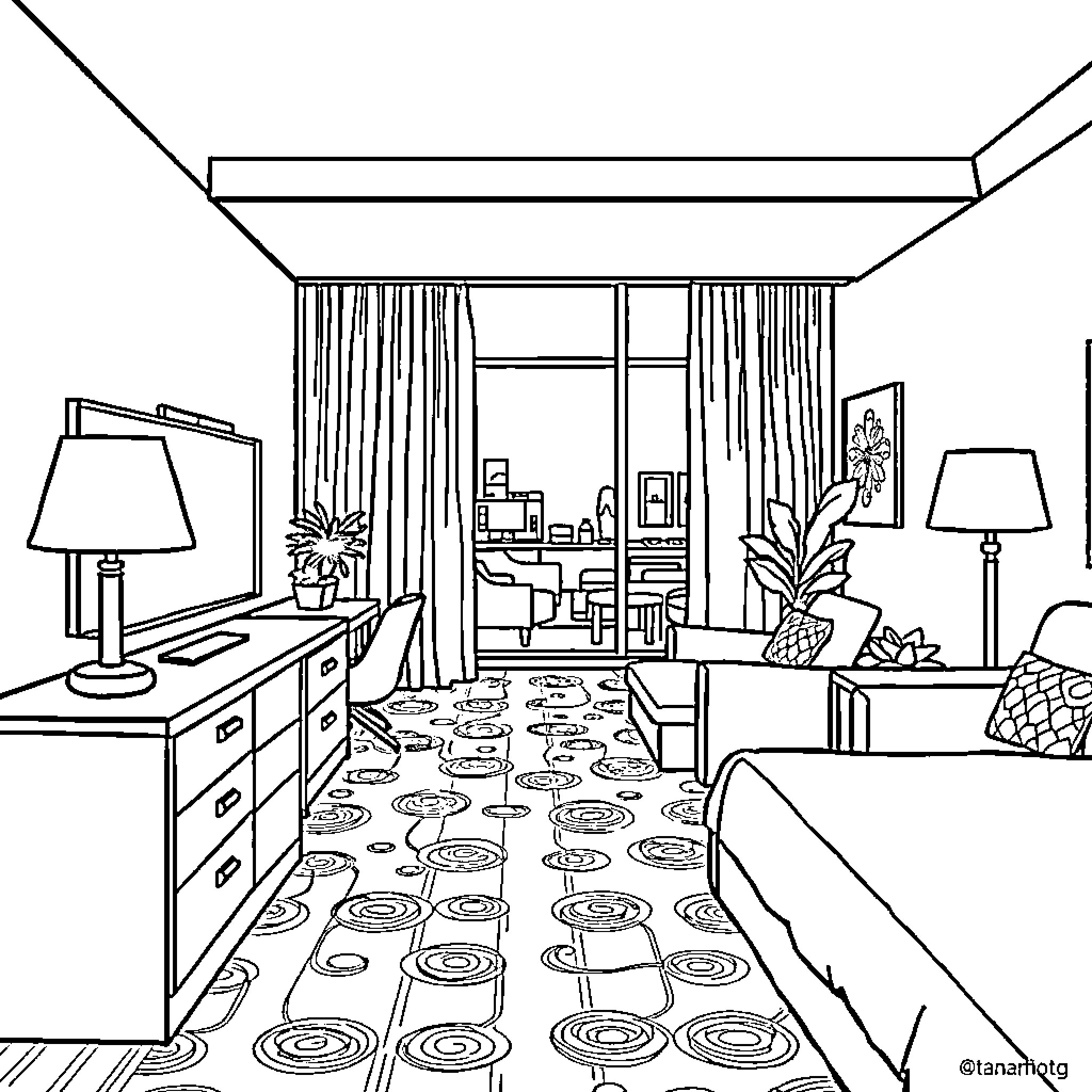 Fairfield Inn - Cozy hotel room with patterned flooring Coloring Page (free black-and-white line drawing printable PDF for all, from beginners to advanced learners, including children, teens, adults, and seniors)