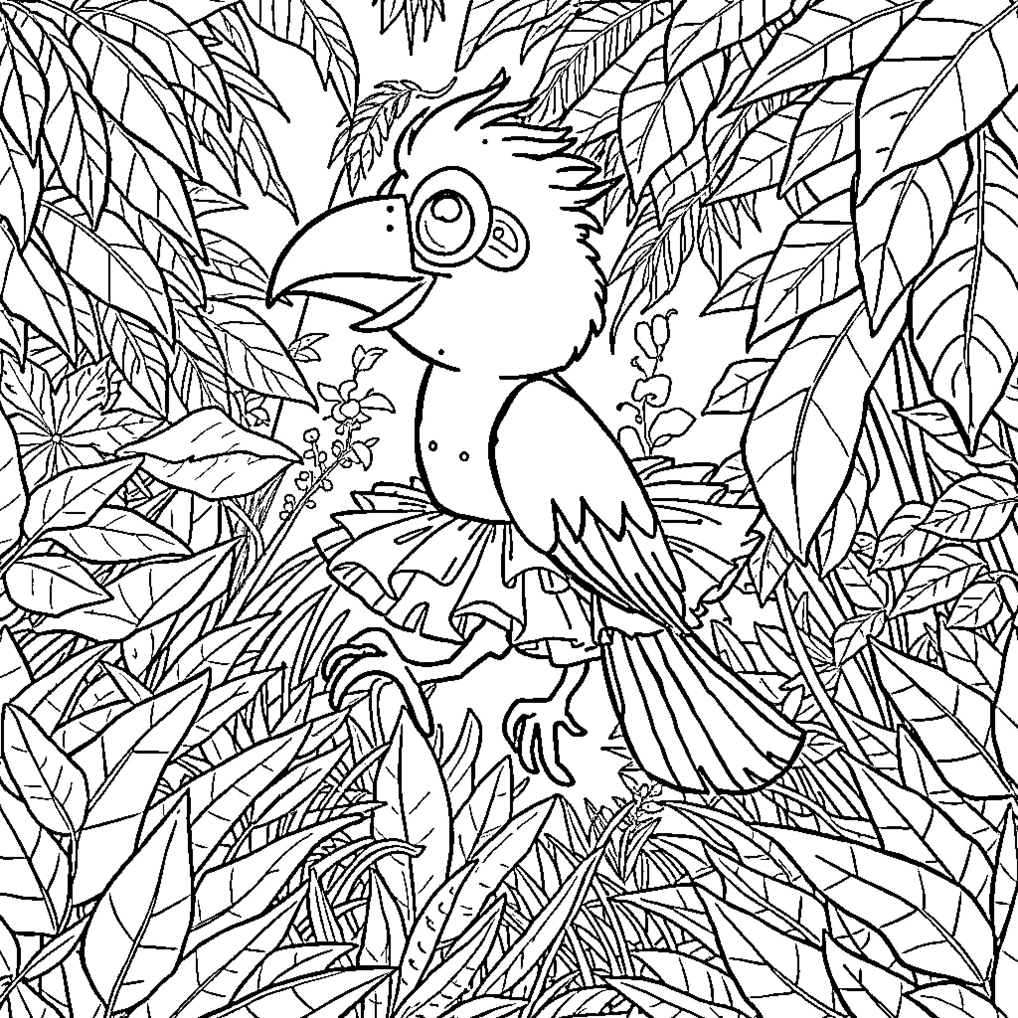 Squirrel in the Tropical Foliage Coloring Page (free black-and-white line drawing printable PDF for all, from beginners to advanced learners, including children, teens, adults, and seniors)