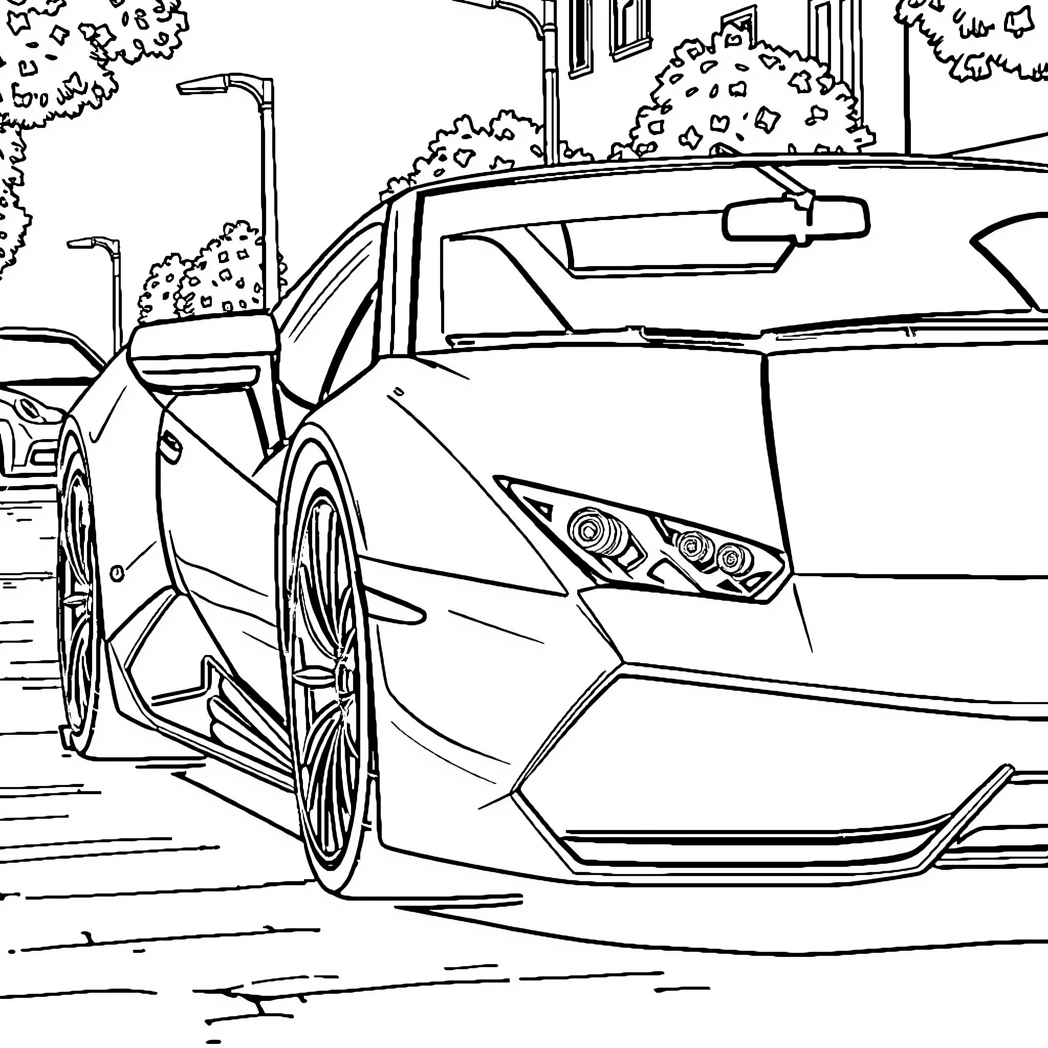 Lamborghini sports car on urban street Coloring Page (free black-and-white line drawing printable PDF for all, from beginners to advanced learners, including children, teens, adults, and seniors)
