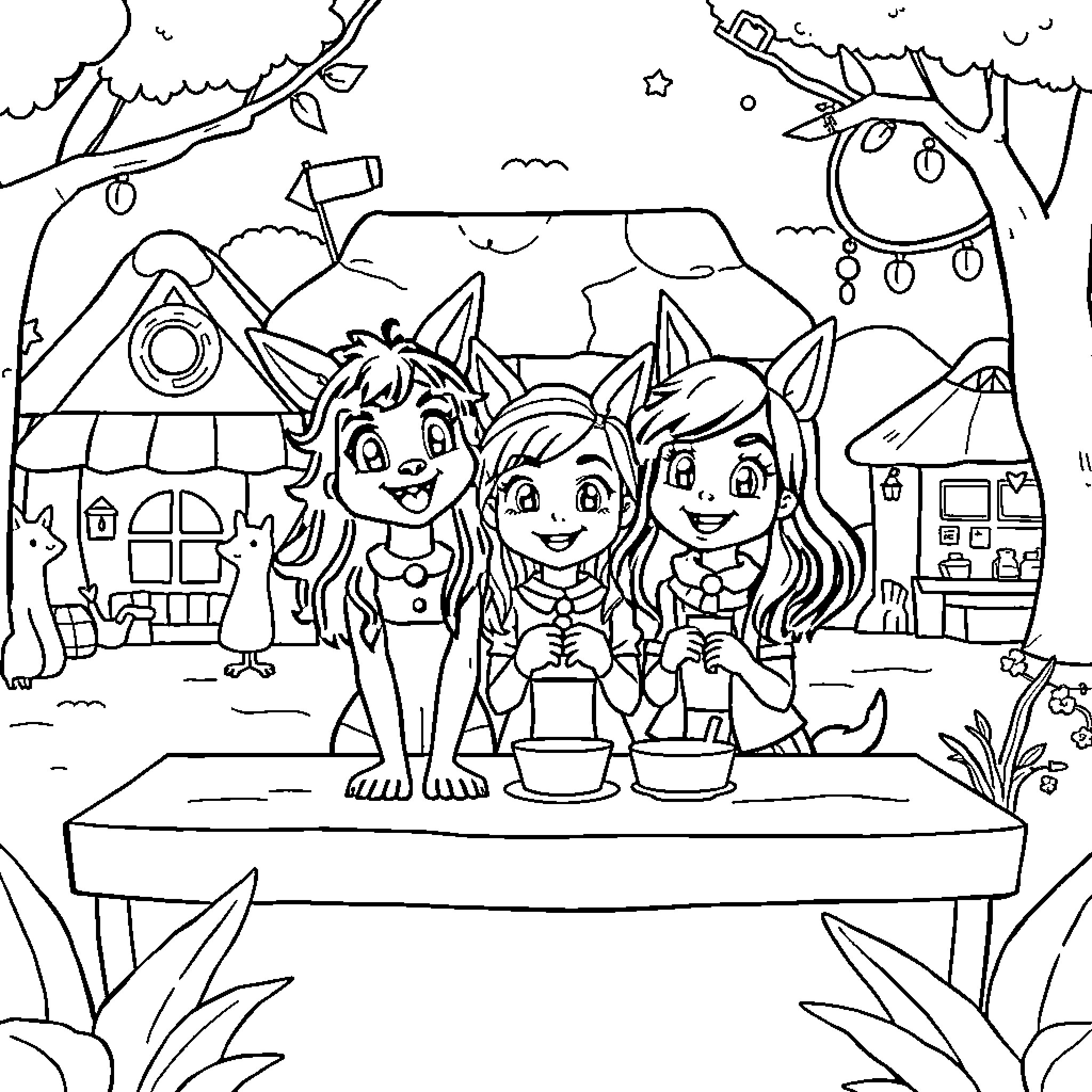Huntrix's Woodland Adventure Coloring Page (free black-and-white line drawing printable PDF for all, from beginners to advanced learners, including children, teens, adults, and seniors)
